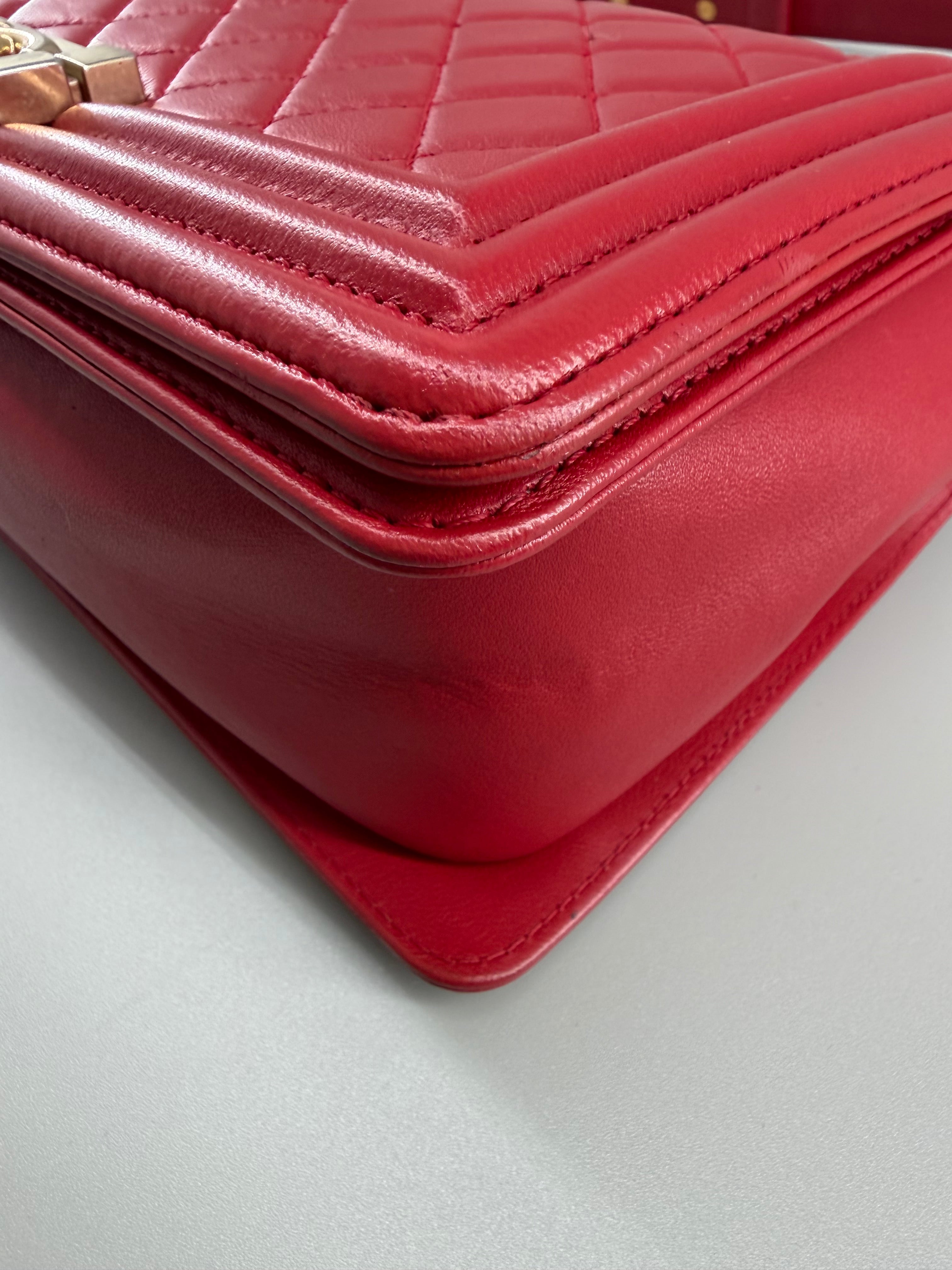 Chanel Boy Old Medium Flap Bag Red Quilted Lambskin Leather Aged Gold Hardware 2016-2017