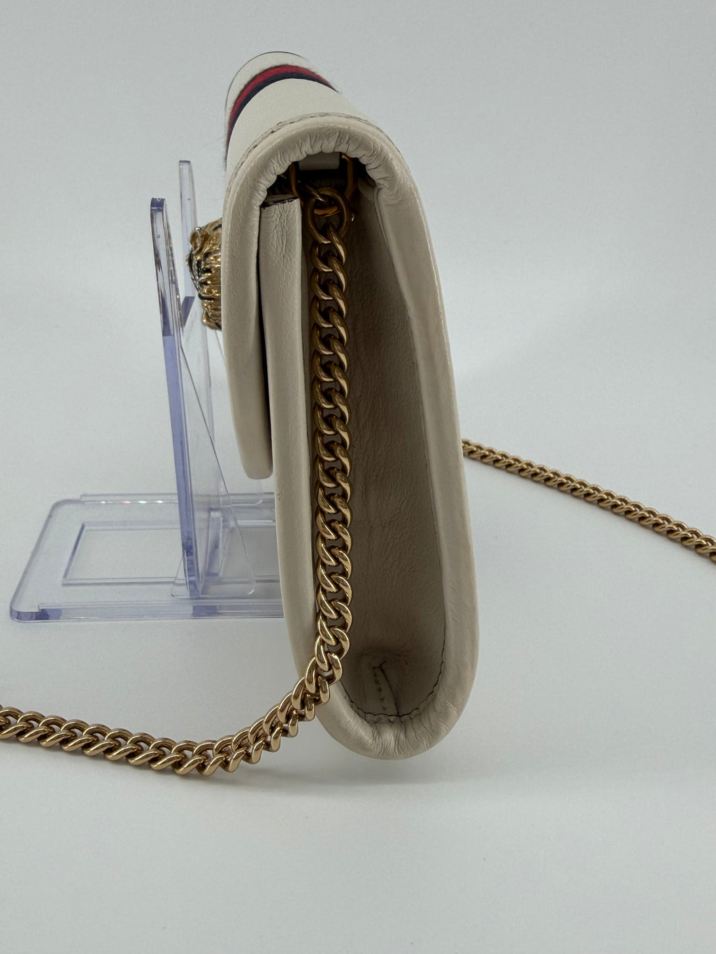 Gucci Rajah Ivory Leather Chain Wallet Crossbody with Web Stripe & Tiger Head