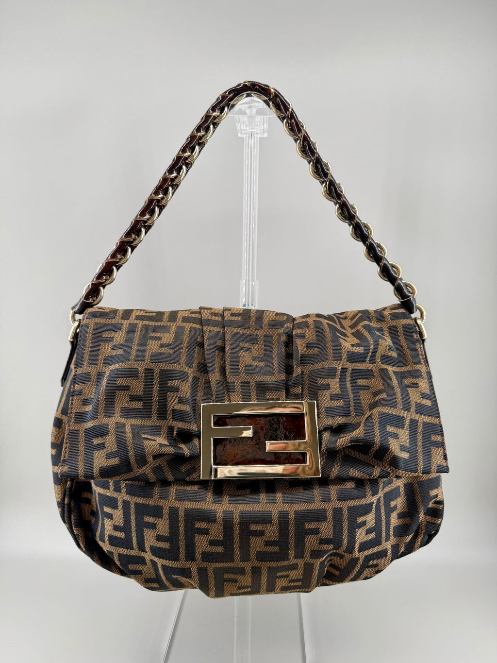 Fendi Mia Zucca Flap Shoulder Bag Tobacco FF Canvas with Oversized Logo Buckle & Dust Bag