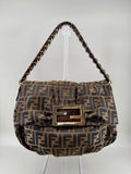 Fendi Mia Zucca Flap Shoulder Bag Tobacco FF Canvas with Oversized Logo Buckle & Dust Bag