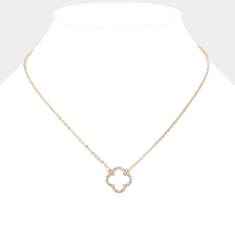 Stone Paved Open Quatrefoil Pendant Necklace