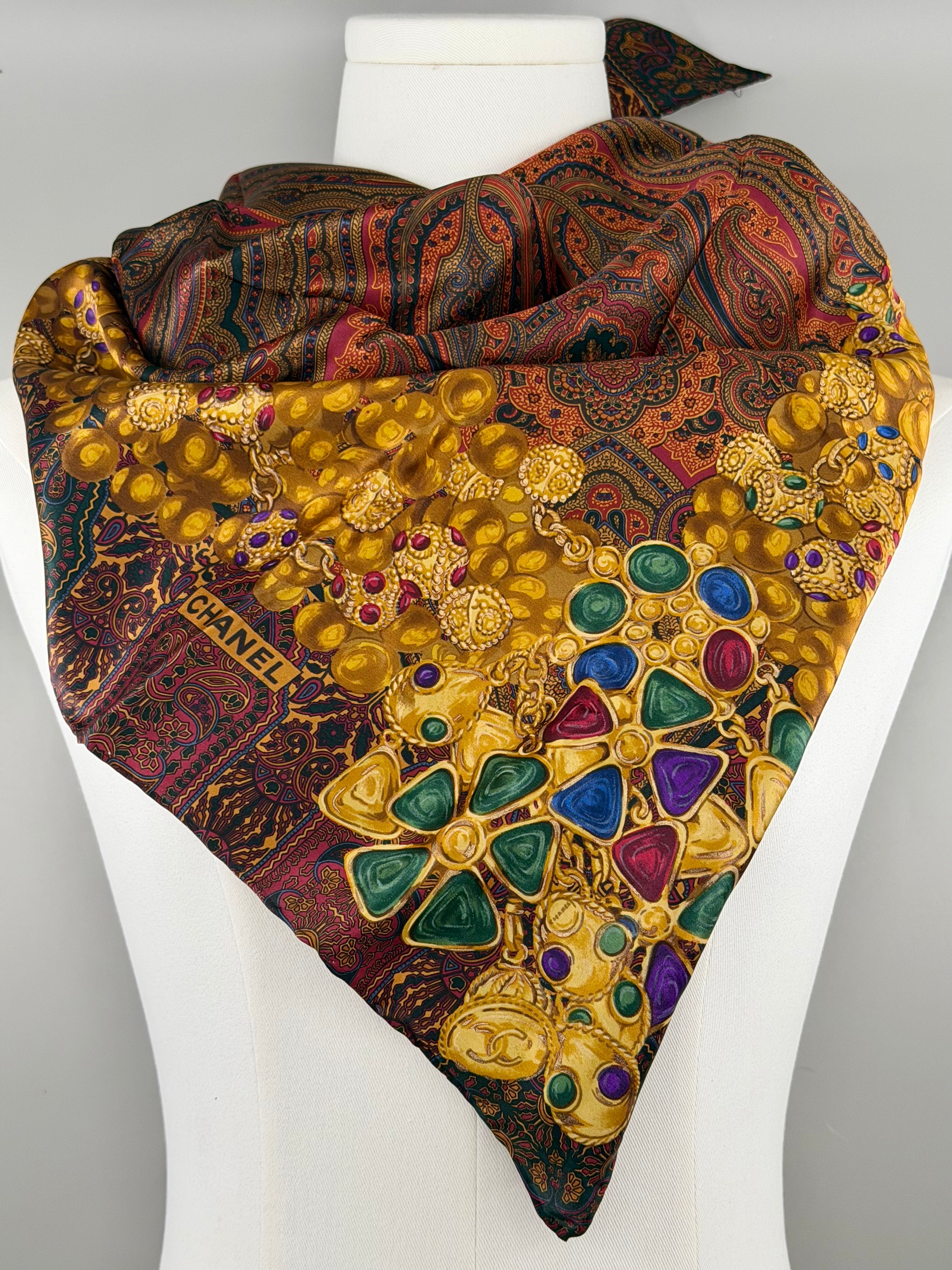 Vintage Chanel Paisley & Gripoix-Inspired Jewelry Print Silk Scarf