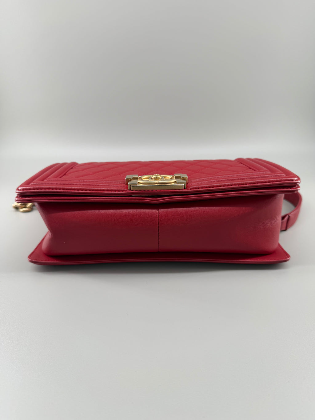 Chanel Boy Old Medium Flap Bag Red Quilted Lambskin Leather Aged Gold Hardware 2016-2017