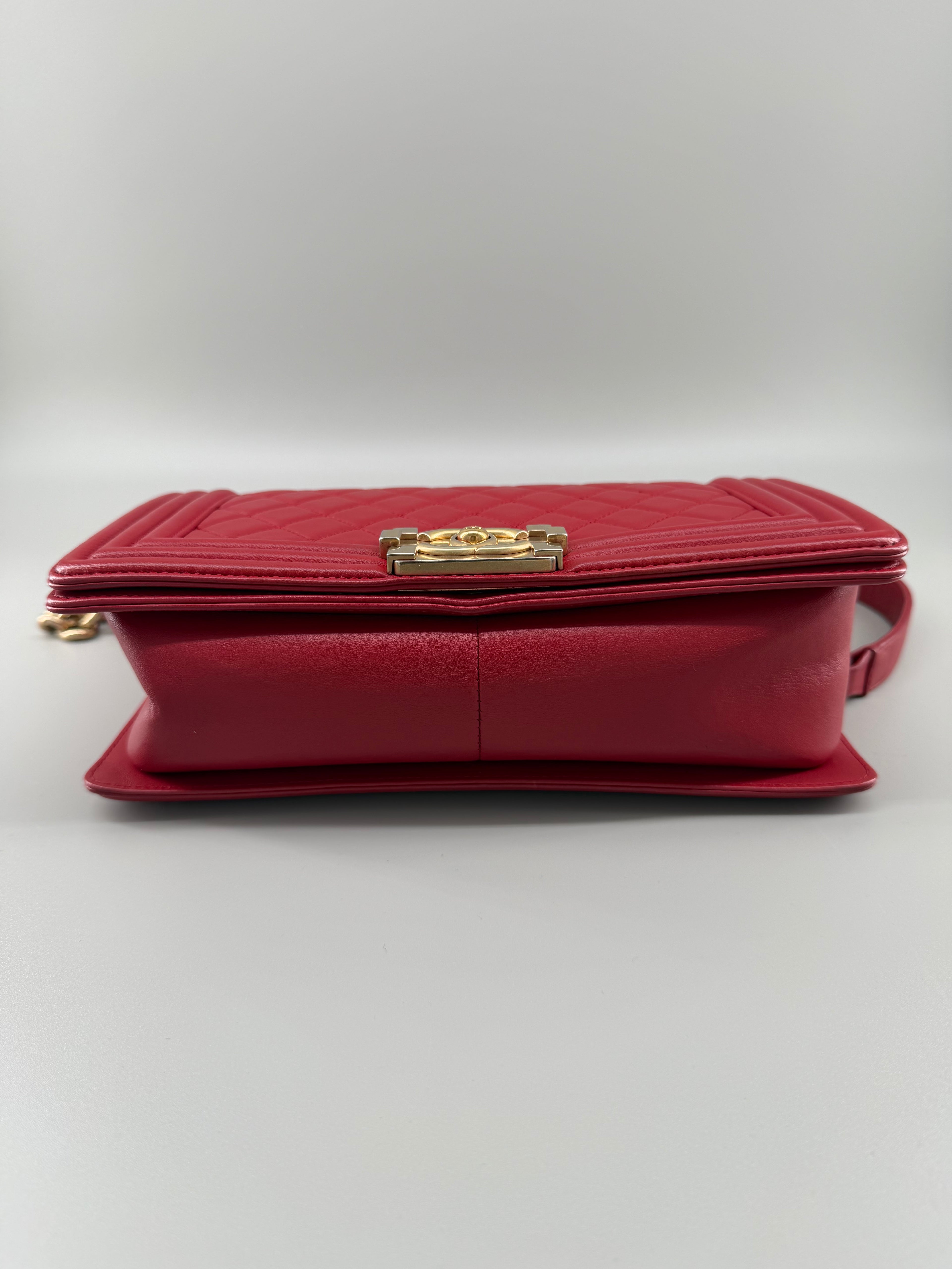 Chanel Boy Old Medium Flap Bag Red Quilted Lambskin Leather Aged Gold Hardware 2016-2017