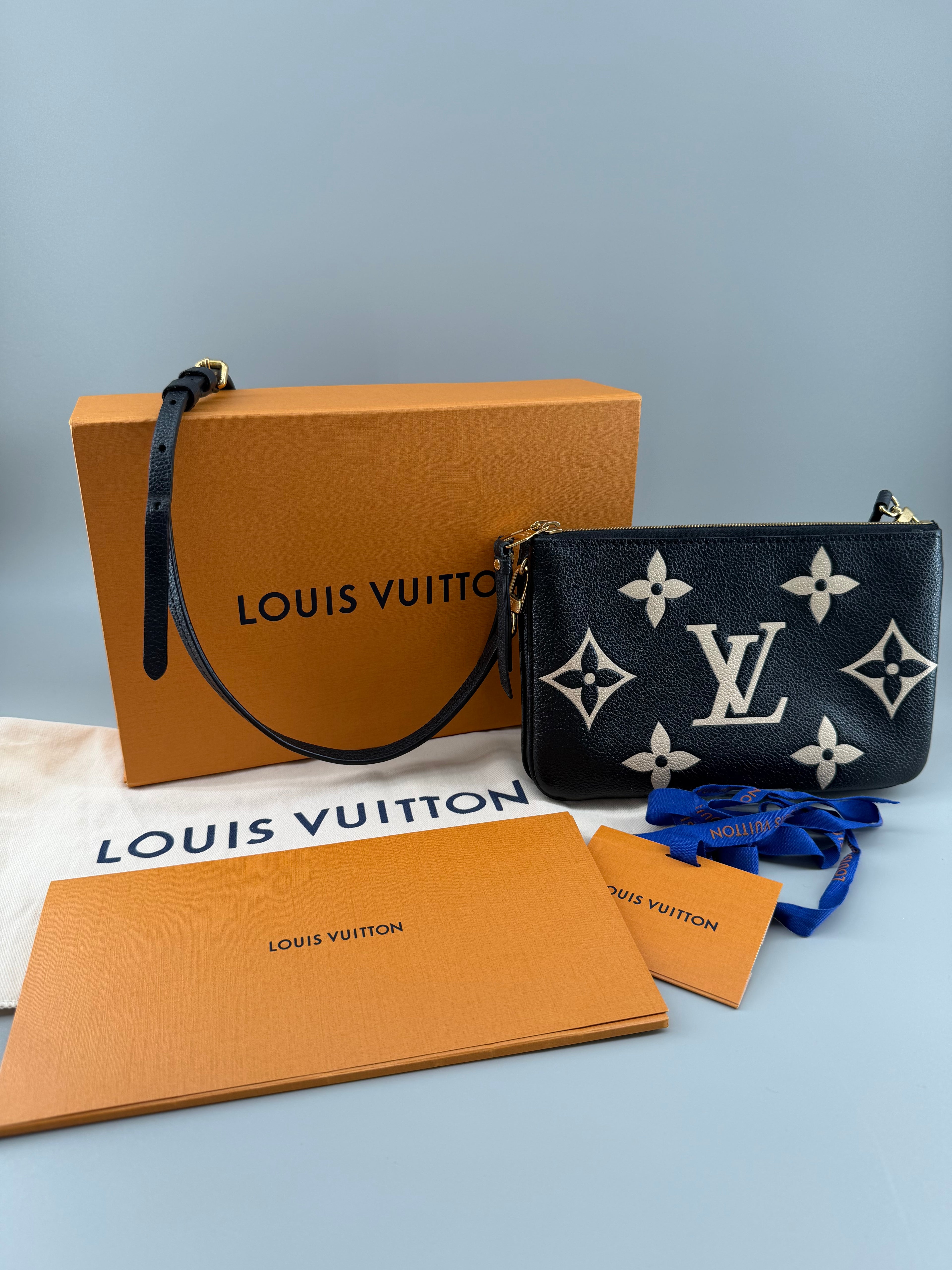 Louis Vuitton Double Zip Pochette Giant Monogram Empreinte Black Beige Crossbody Bag RFID Full Set w/ Receipt