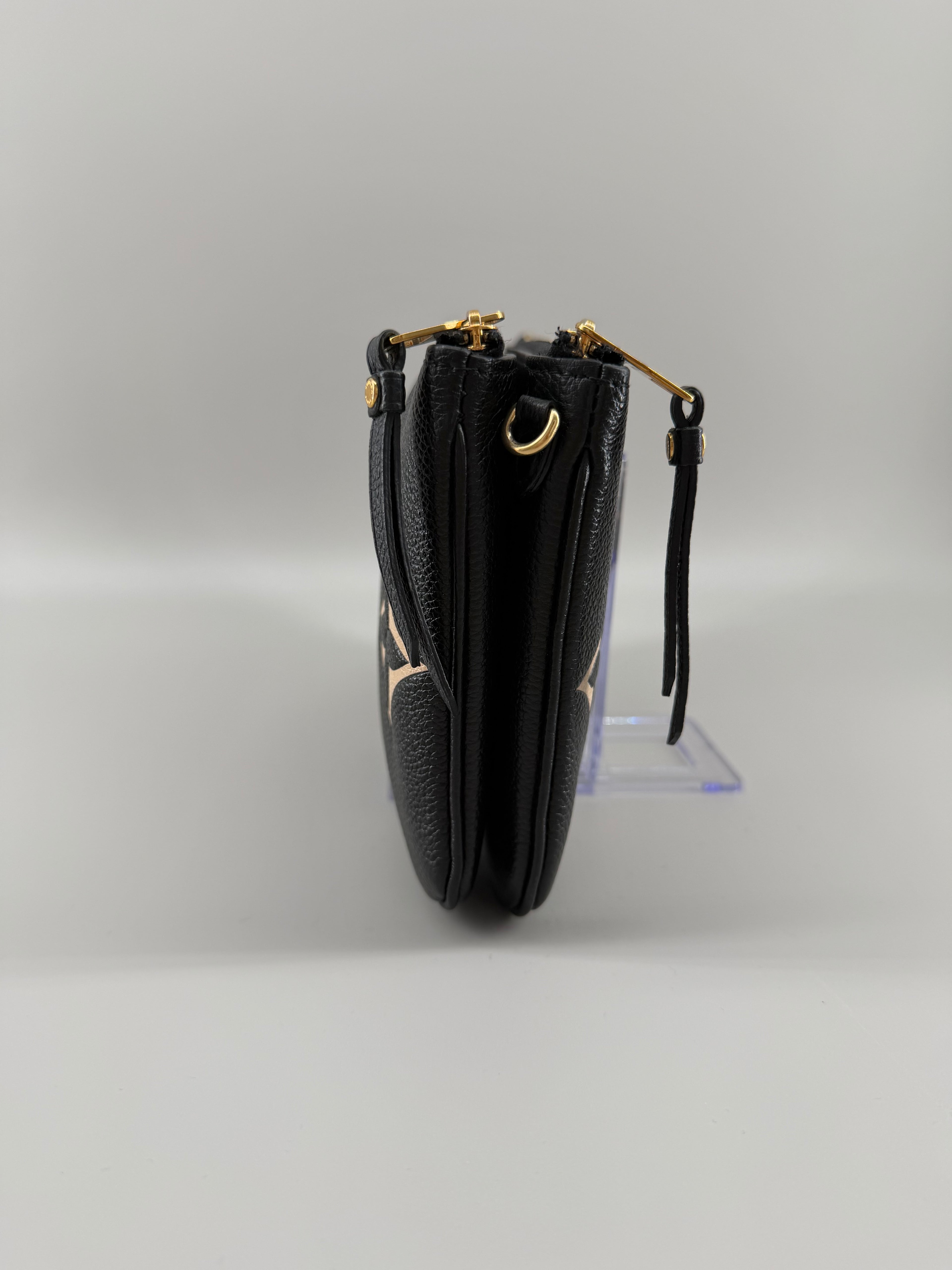Louis Vuitton Double Zip Pochette Giant Monogram Empreinte Black Beige Crossbody Bag RFID Full Set w/ Receipt