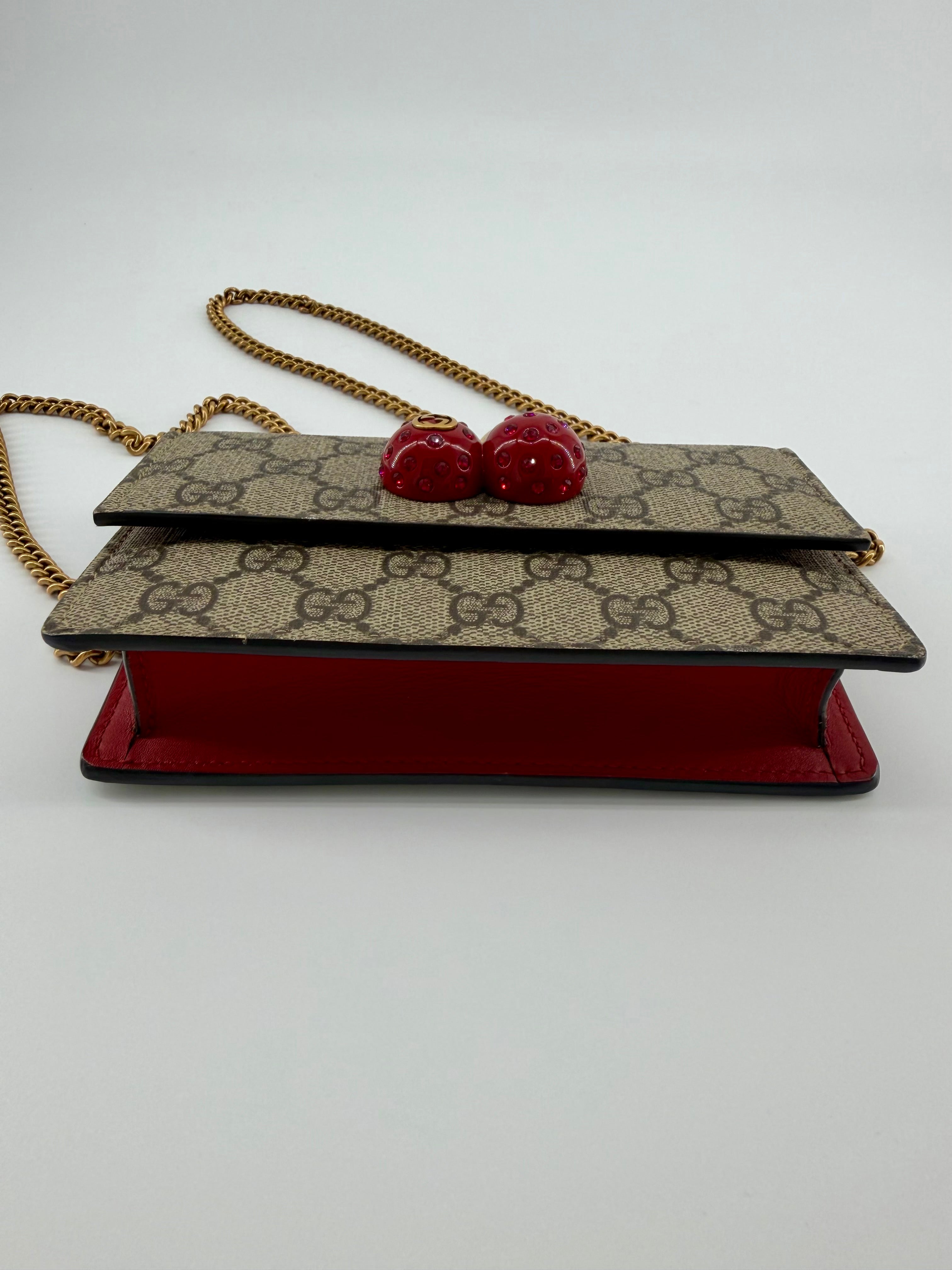 Gucci GG Supreme Cherry Crystal Mini Chain Wallet Crossbody Bag Red