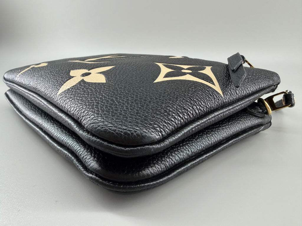 Louis Vuitton Double Zip Pochette Giant Monogram Empreinte Black Beige Crossbody Bag RFID Full Set w/ Receipt