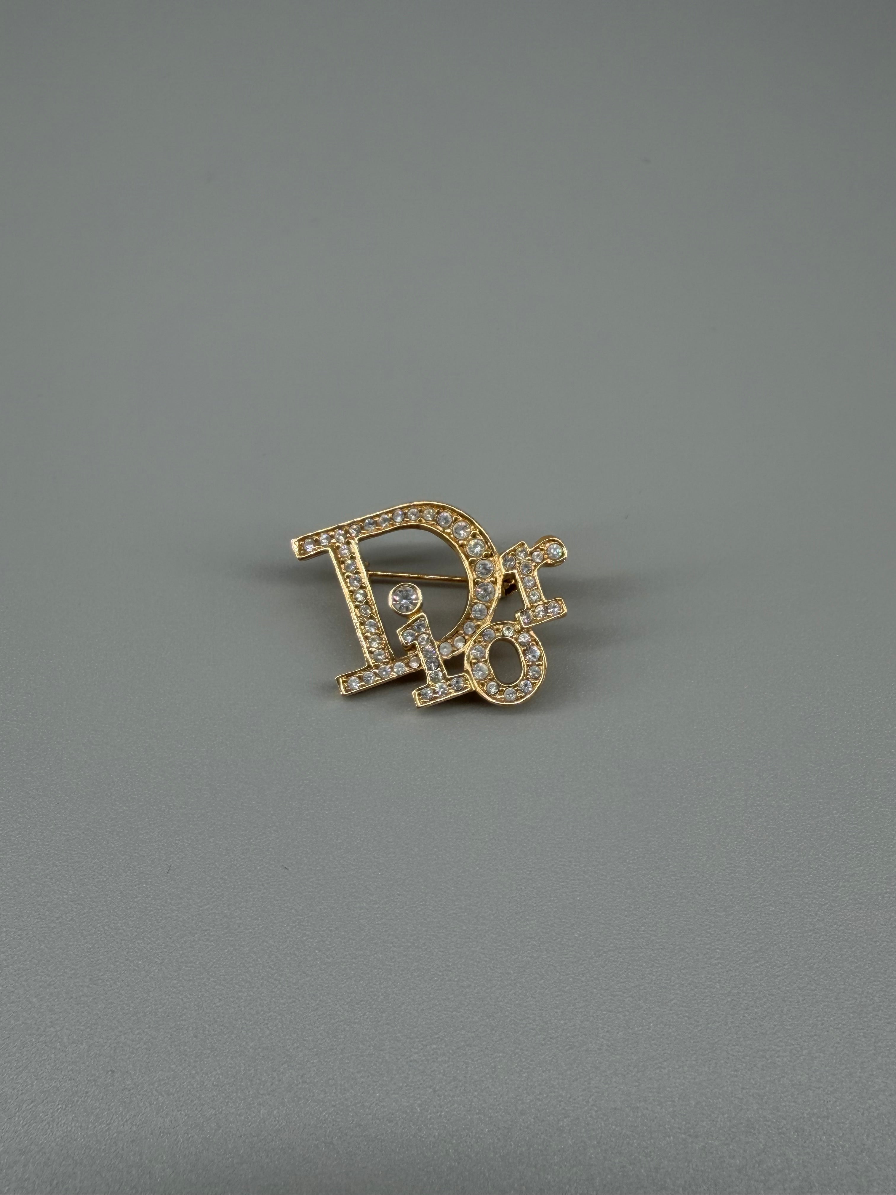 Vintage Christian Dior CD Logo Crystal Brooch – Gold-Tone Rhinestone Pin