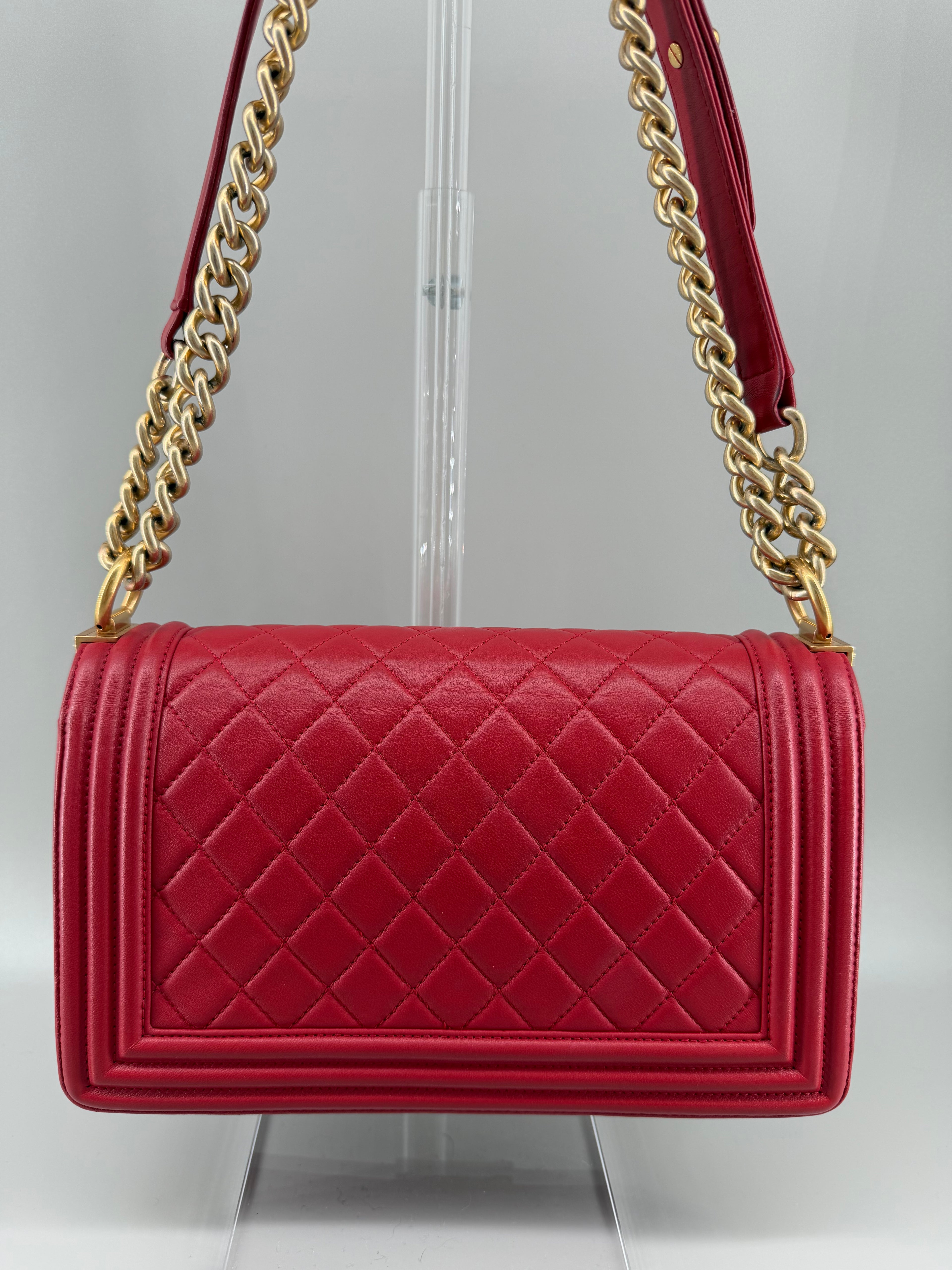 Chanel Boy Old Medium Flap Bag Red Quilted Lambskin Leather Aged Gold Hardware 2016-2017