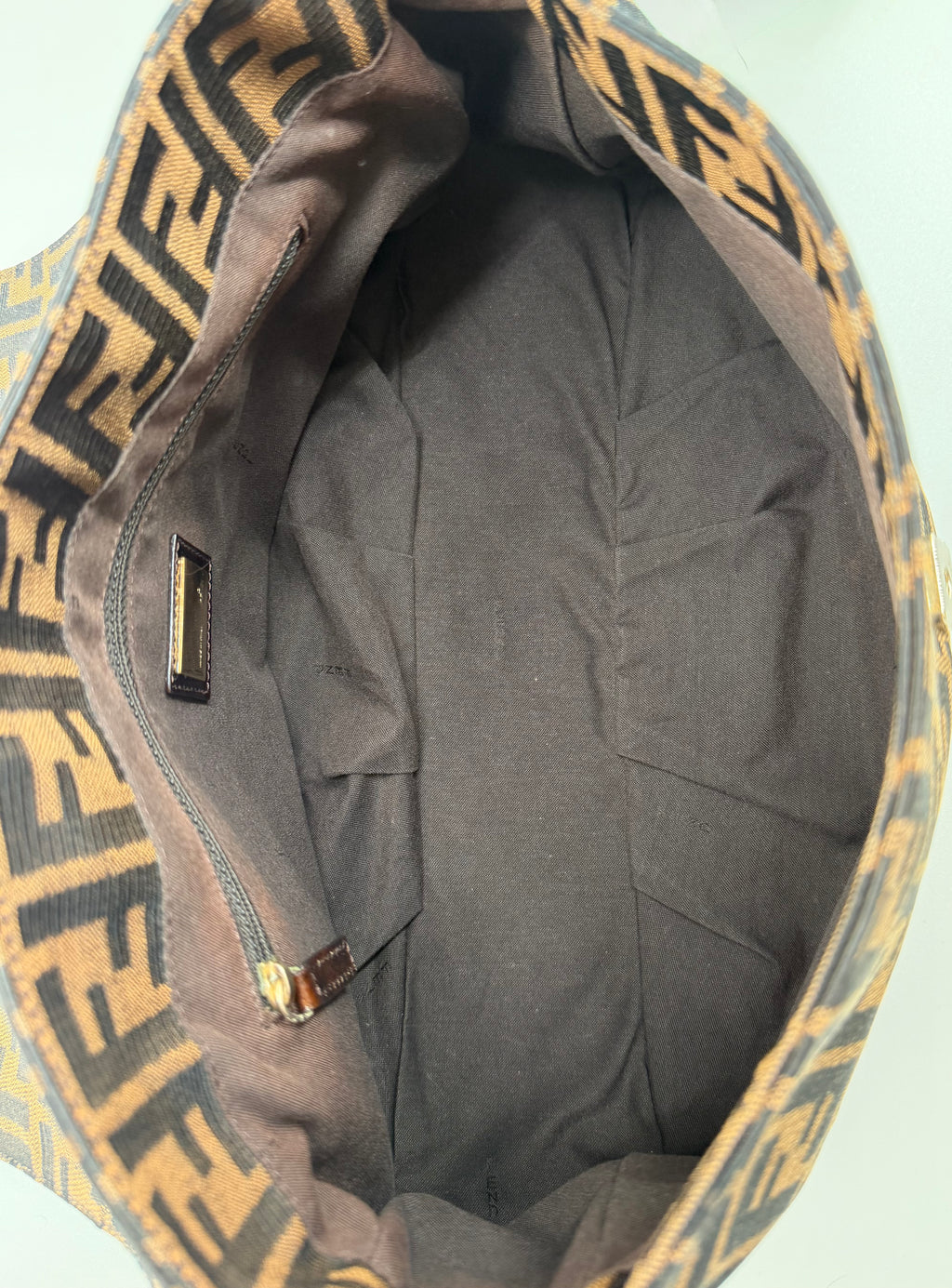 Fendi Mia Zucca Flap Shoulder Bag Tobacco FF Canvas with Oversized Logo Buckle & Dust Bag