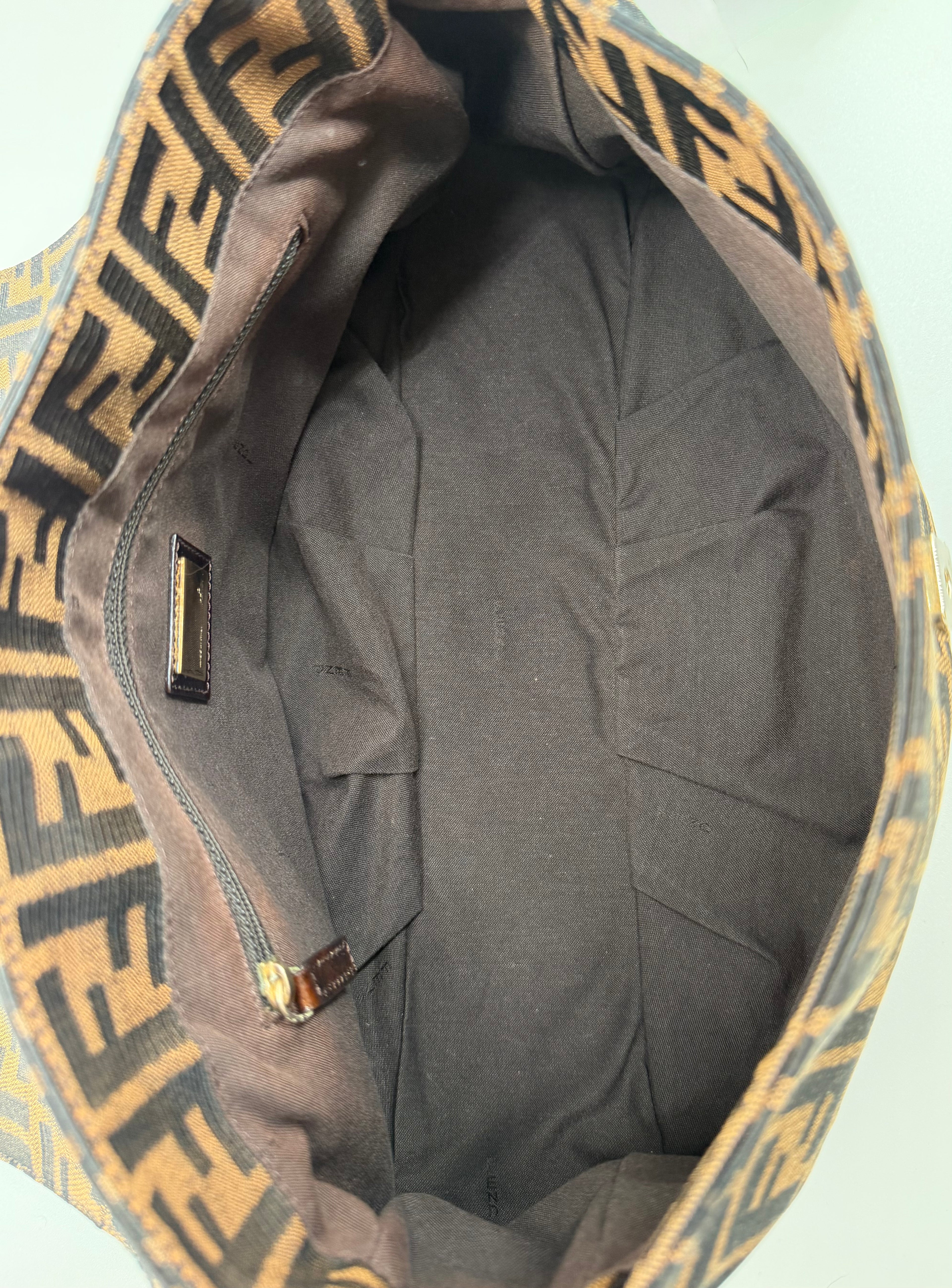 Fendi Mia Zucca Flap Shoulder Bag Tobacco FF Canvas with Oversized Logo Buckle & Dust Bag