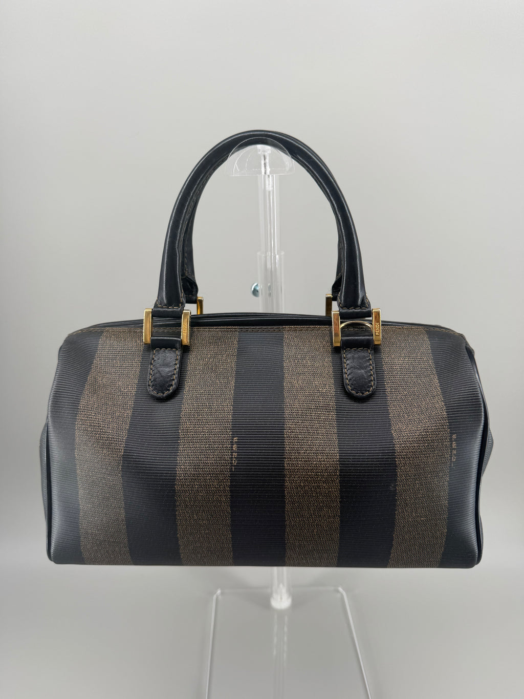 Vintage Fendi Pequin Boston Bag – Black & Brown Striped Canvas with Leather Trim