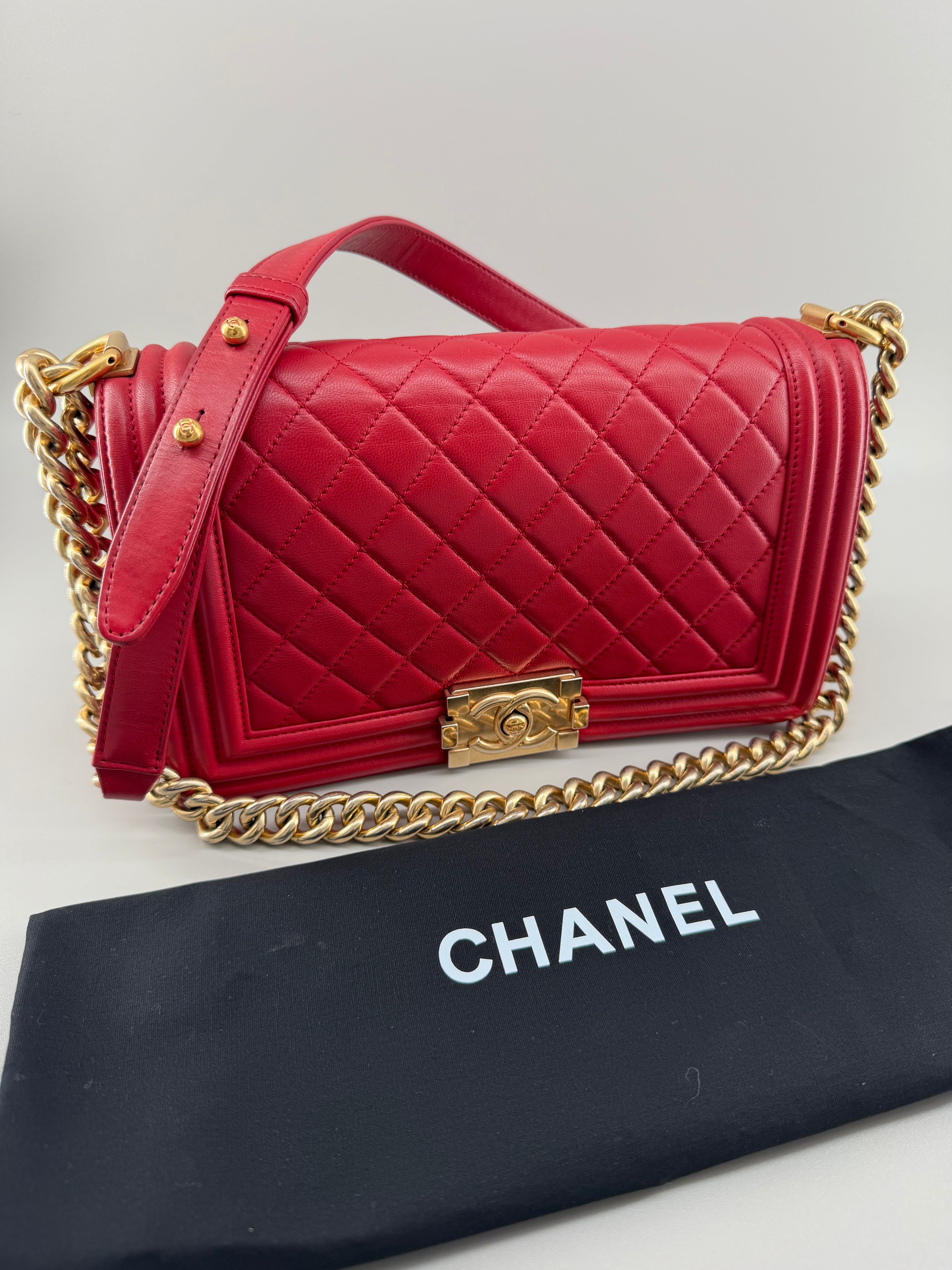 Chanel Boy Old Medium Flap Bag Red Quilted Lambskin Leather Aged Gold Hardware 2016-2017