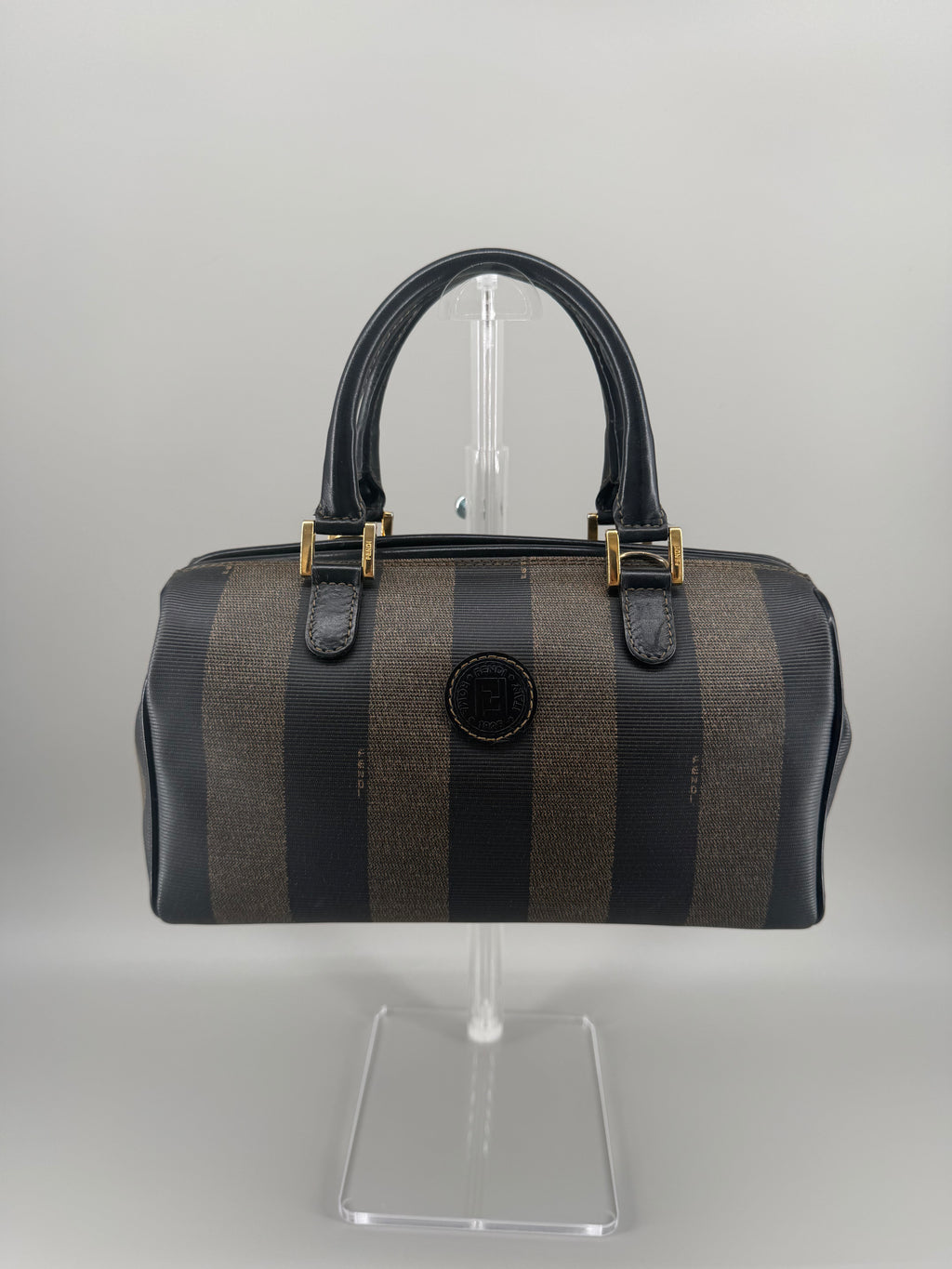 Vintage Fendi Pequin Boston Bag – Black & Brown Striped Canvas with Leather Trim