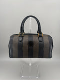 Vintage Fendi Pequin Boston Bag – Black & Brown Striped Canvas with Leather Trim