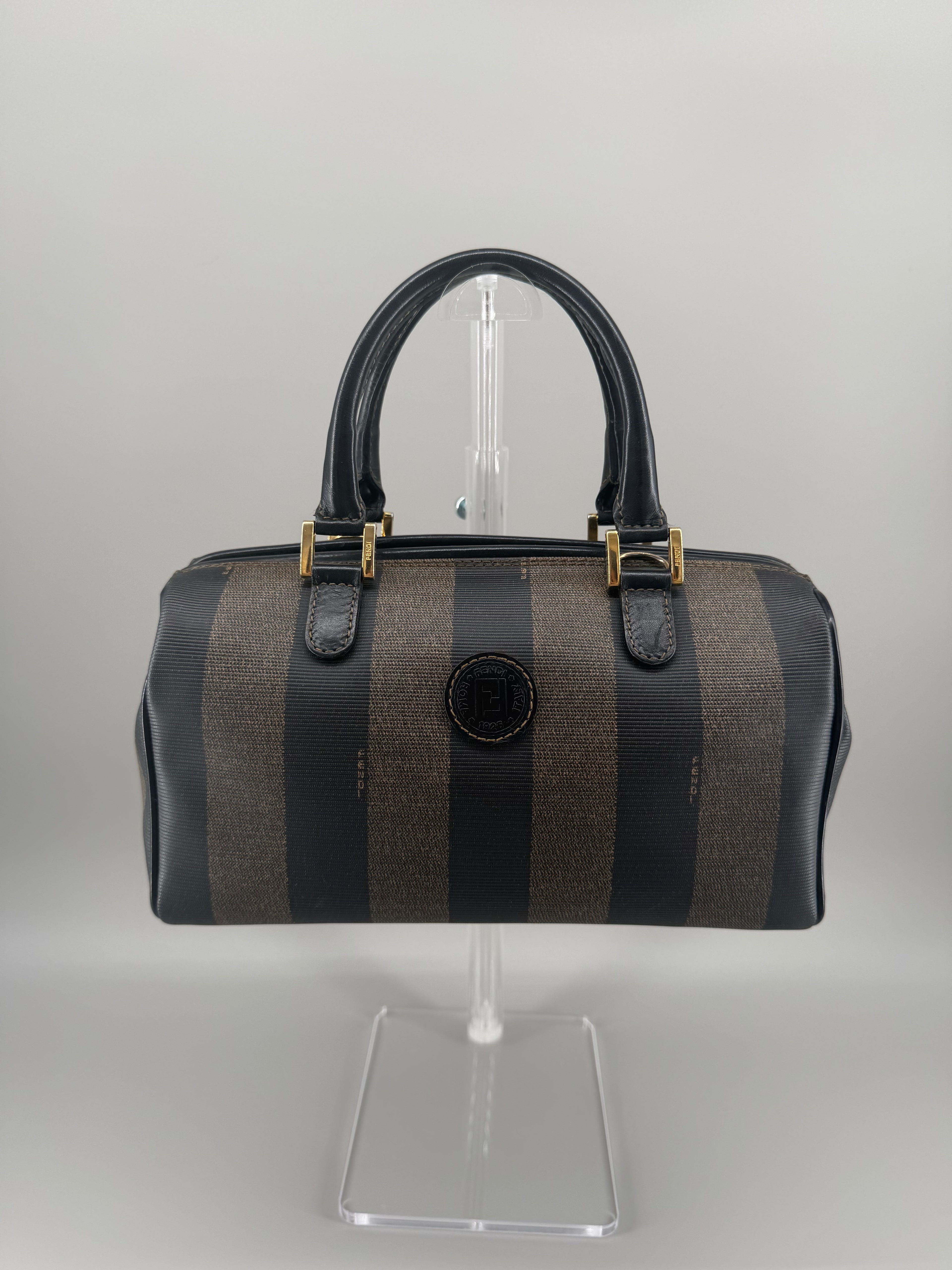 Vintage Fendi Pequin Boston Bag – Black & Brown Striped Canvas with Leather Trim