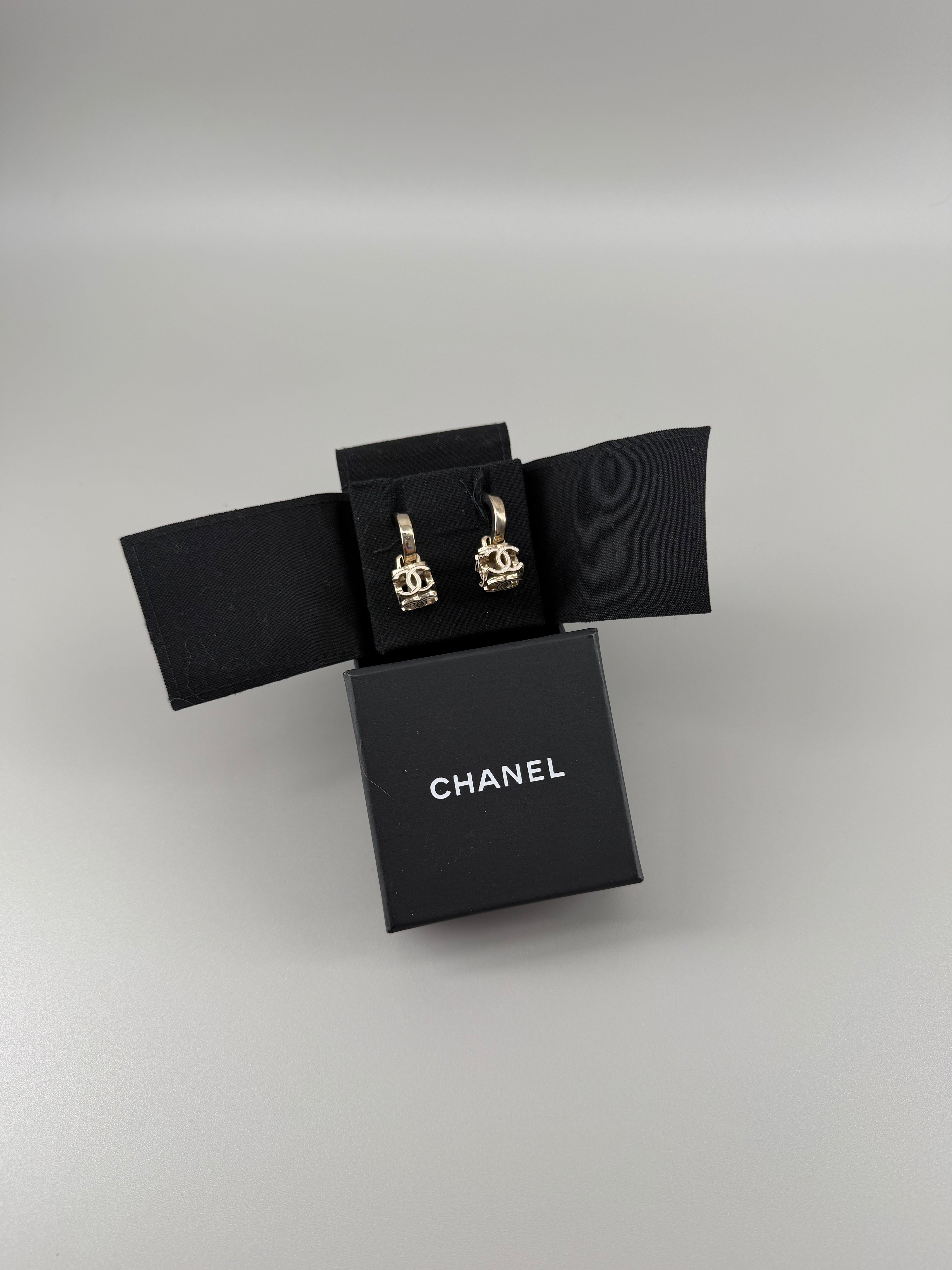 Chanel Gold-Tone CC Logo Drop Hoop Earrings with Box