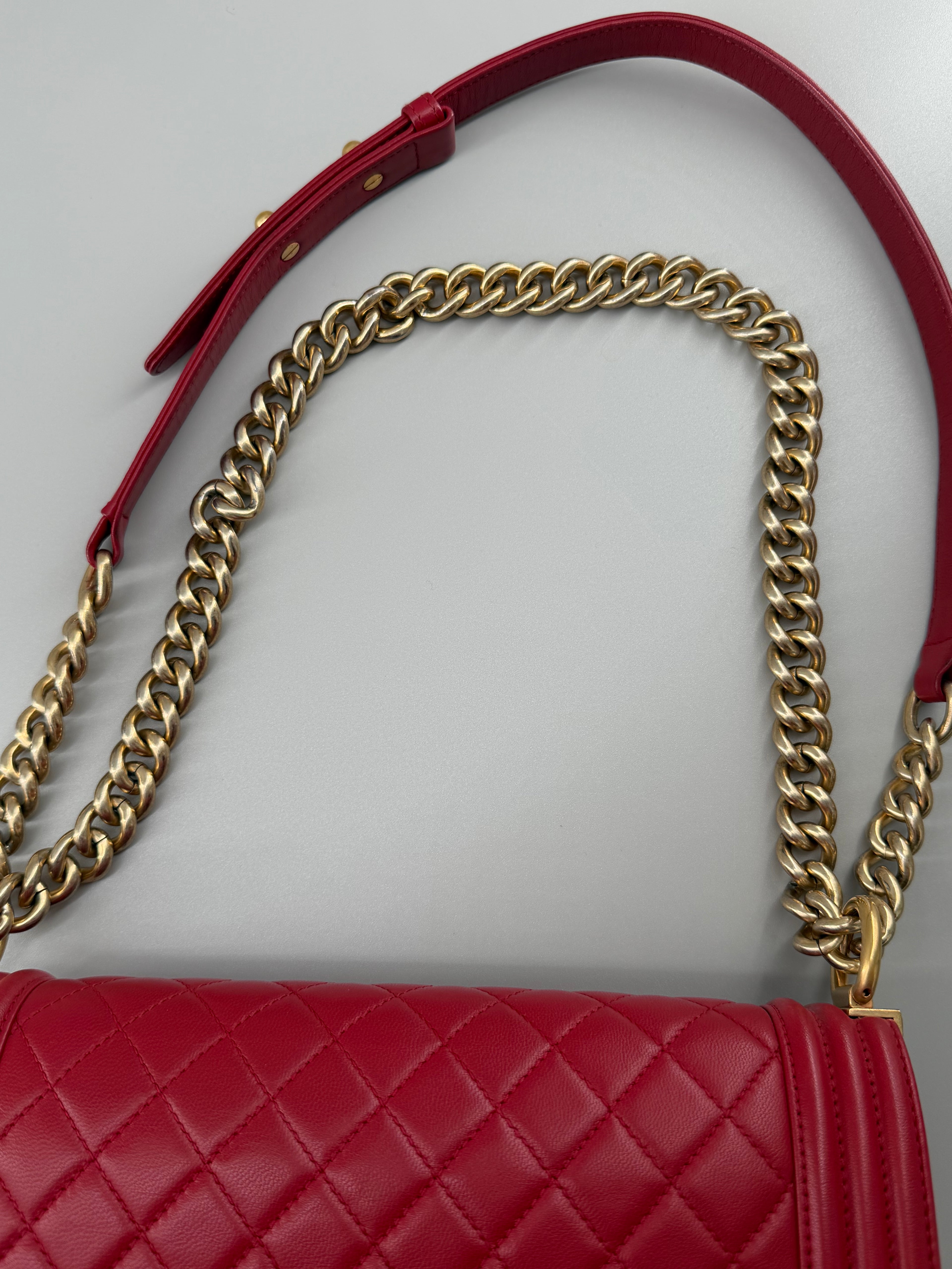 Chanel Boy Old Medium Flap Bag Red Quilted Lambskin Leather Aged Gold Hardware 2016-2017