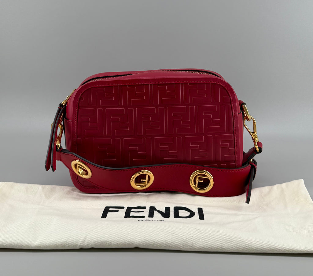 Fendi Red Embossed FF Leather Camera Case Crossbody Bag with Logo Strap