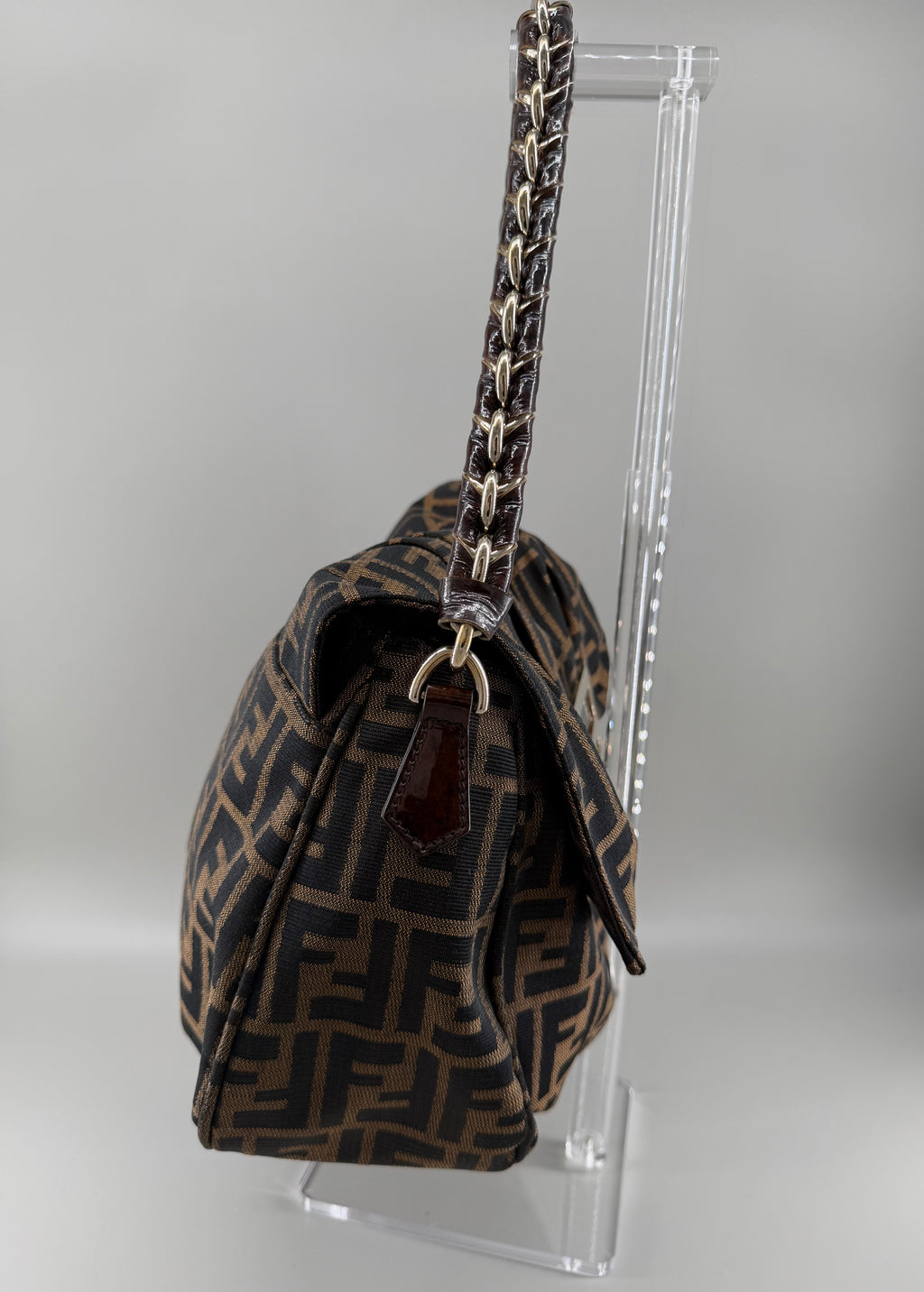 Fendi Mia Zucca Flap Shoulder Bag Tobacco FF Canvas with Oversized Logo Buckle & Dust Bag