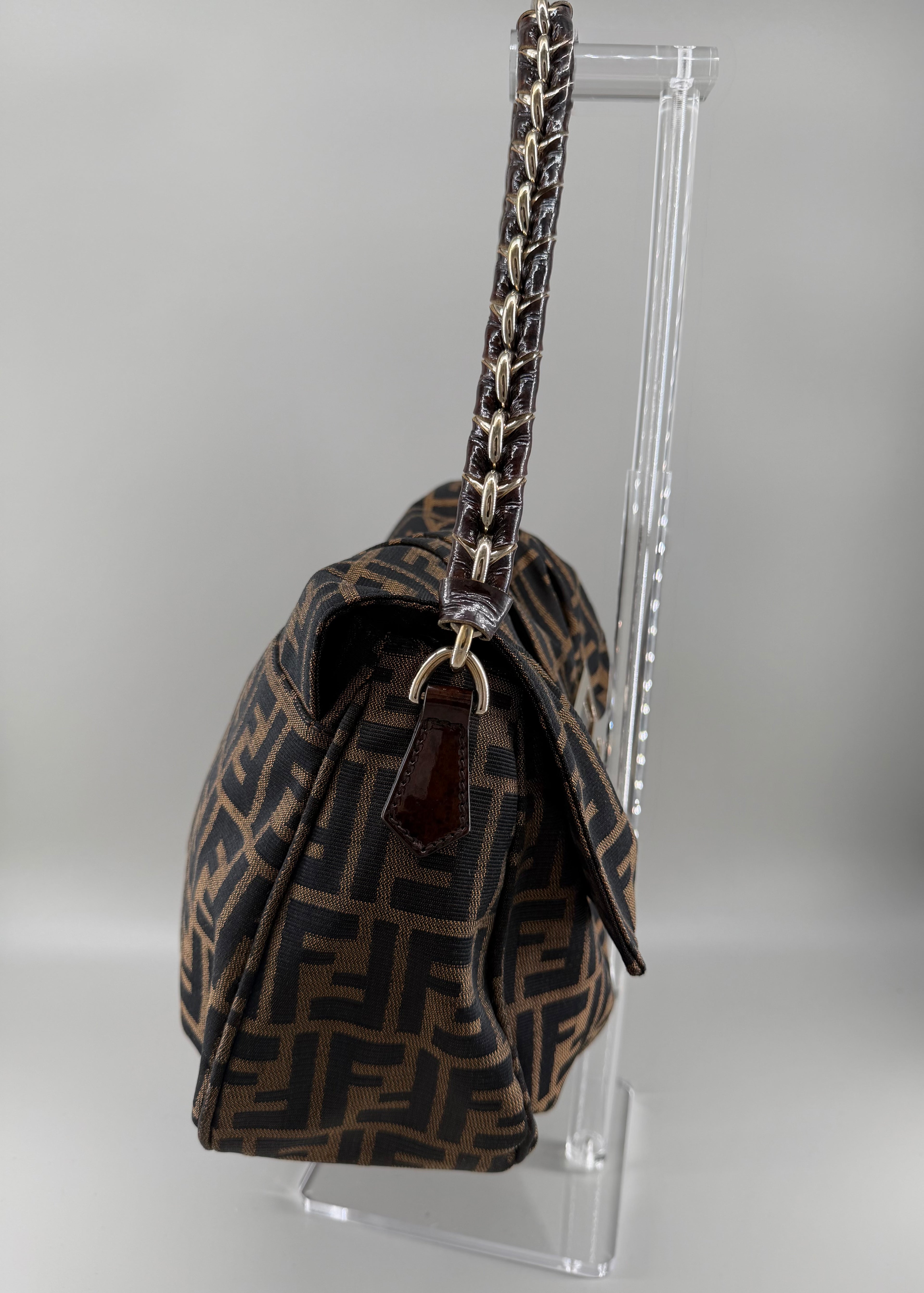 Fendi Mia Zucca Flap Shoulder Bag Tobacco FF Canvas with Oversized Logo Buckle & Dust Bag