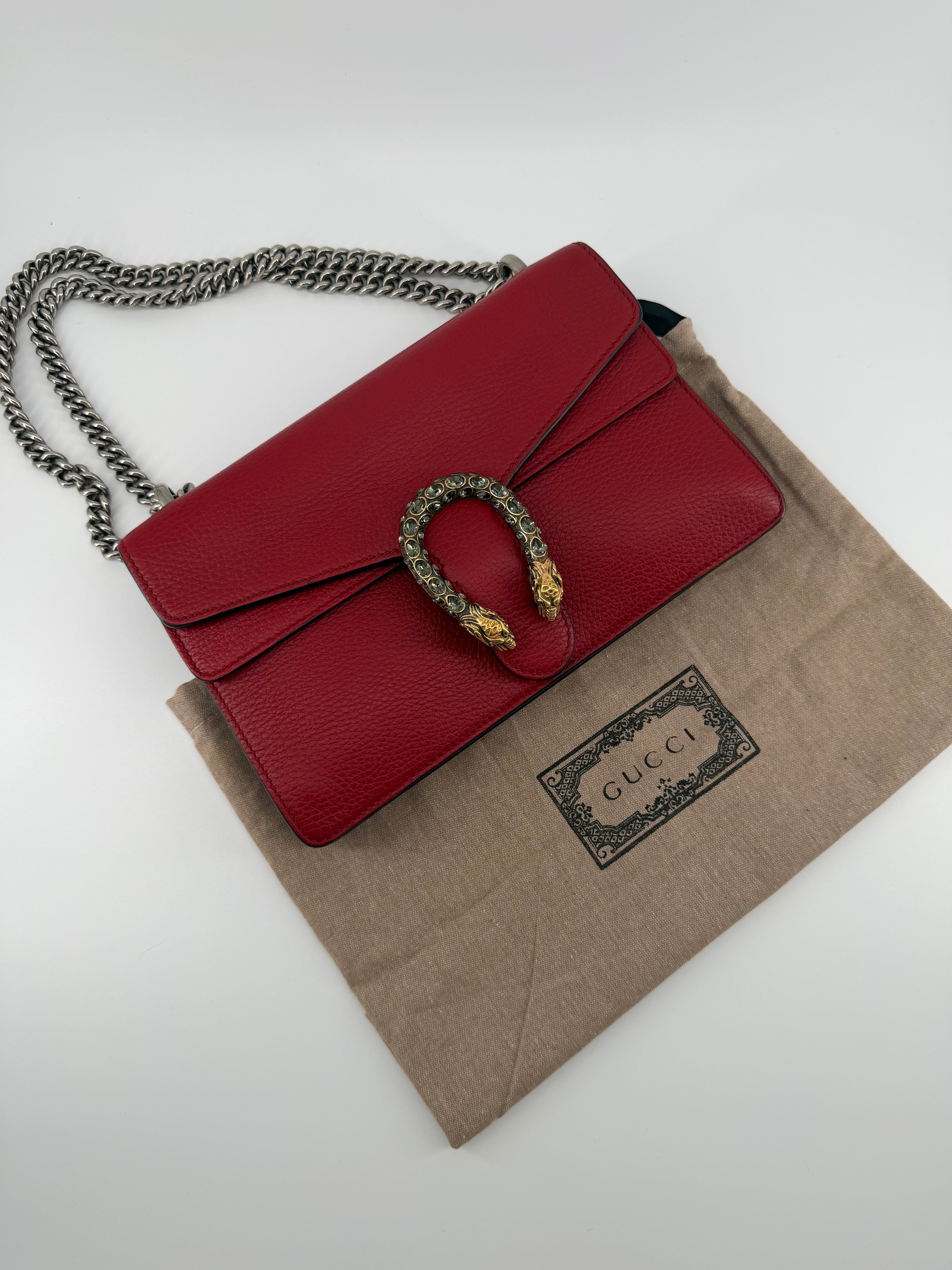 Gucci Dionysus Medium Red Leather Crystal Tiger Head Shoulder Bag