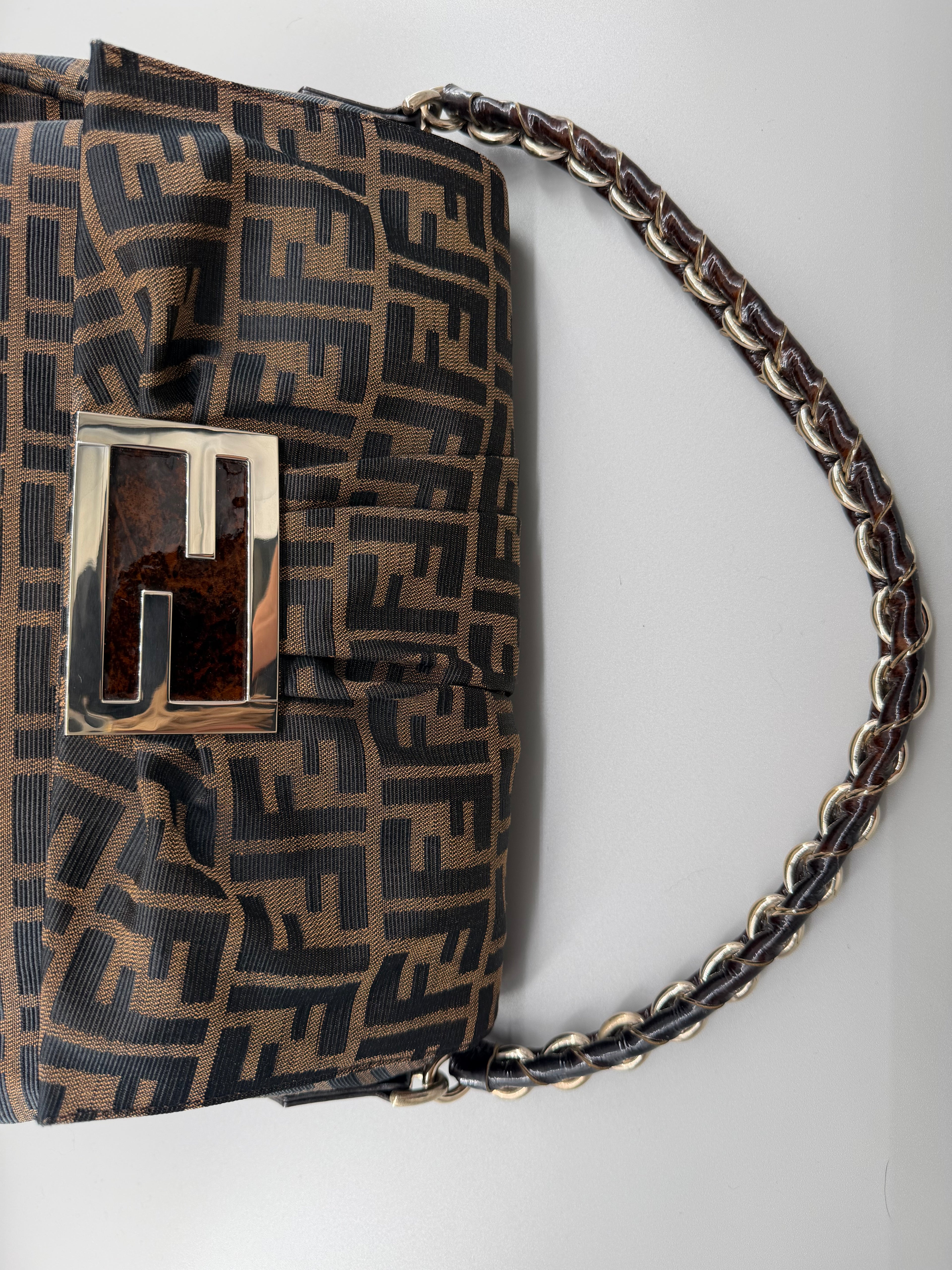 Fendi Mia Zucca Flap Shoulder Bag Tobacco FF Canvas with Oversized Logo Buckle & Dust Bag