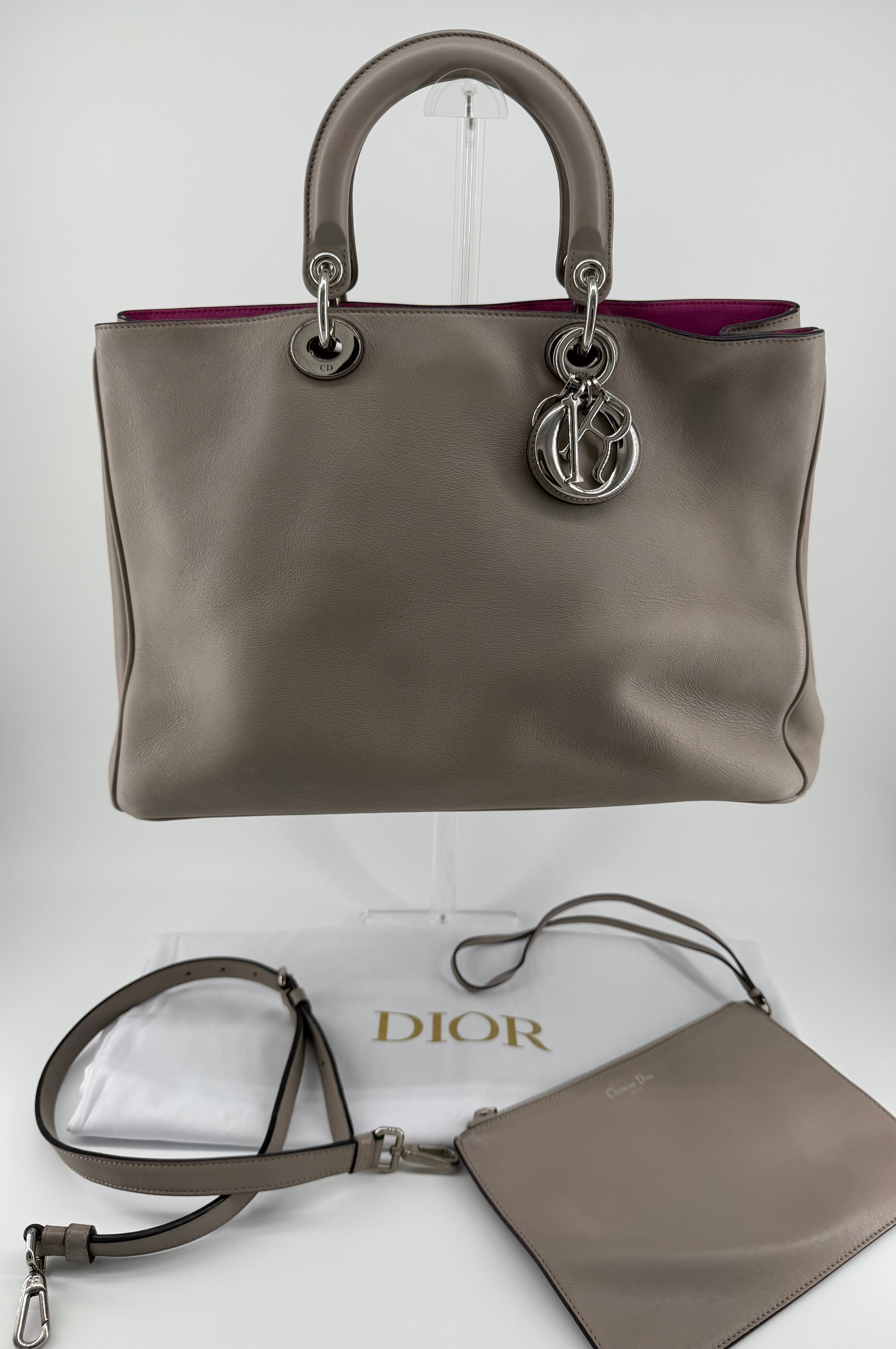 Christian Dior Large Diorissimo Gray Calfskin Tote Bag with Strap & Pouch