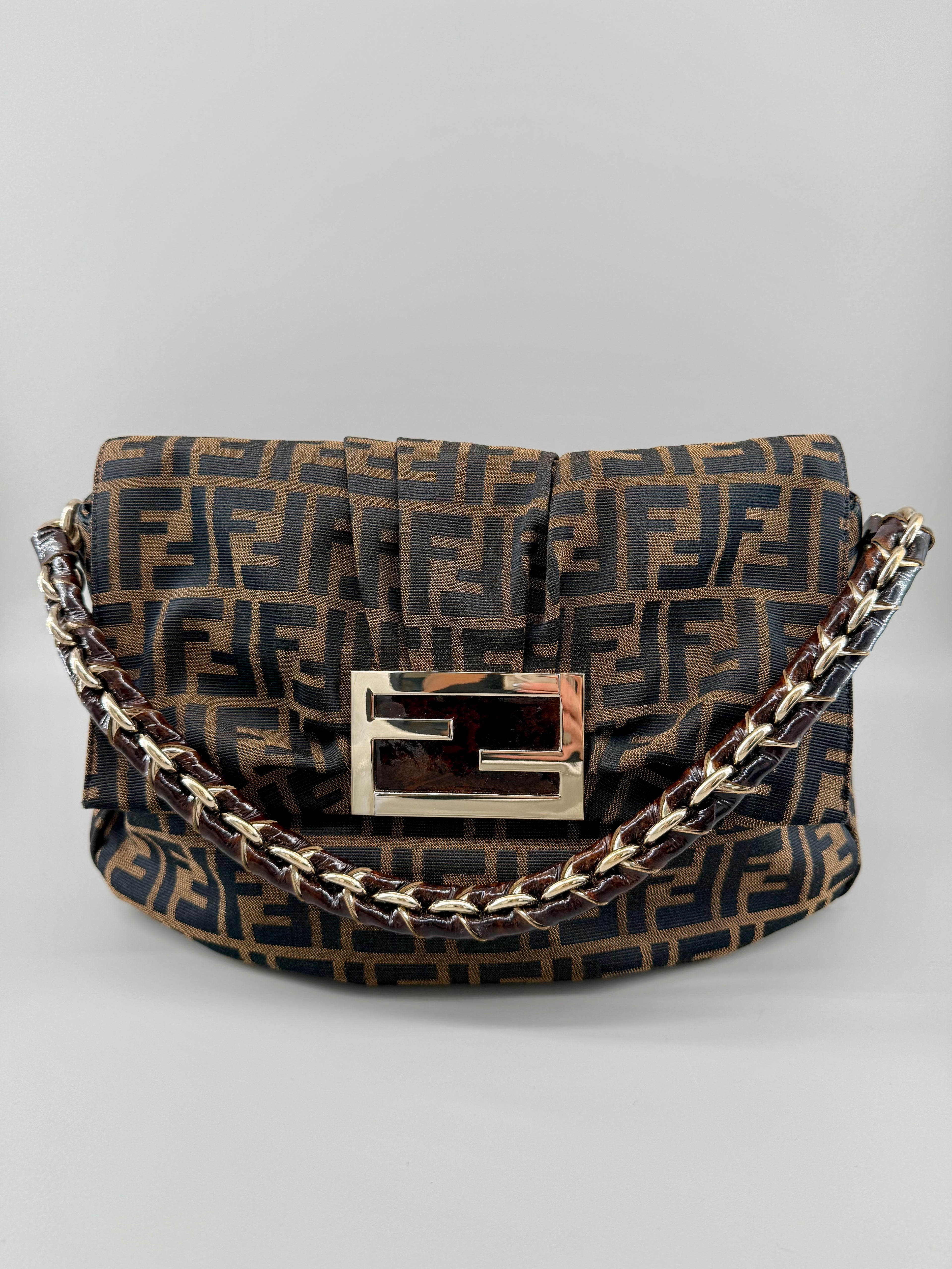 Fendi Mia Zucca Flap Shoulder Bag Tobacco FF Canvas with Oversized Logo Buckle & Dust Bag