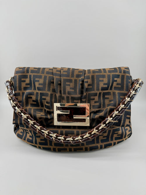 Fendi Mia Zucca Flap Shoulder Bag Tobacco FF Canvas with Oversized Logo Buckle & Dust Bag