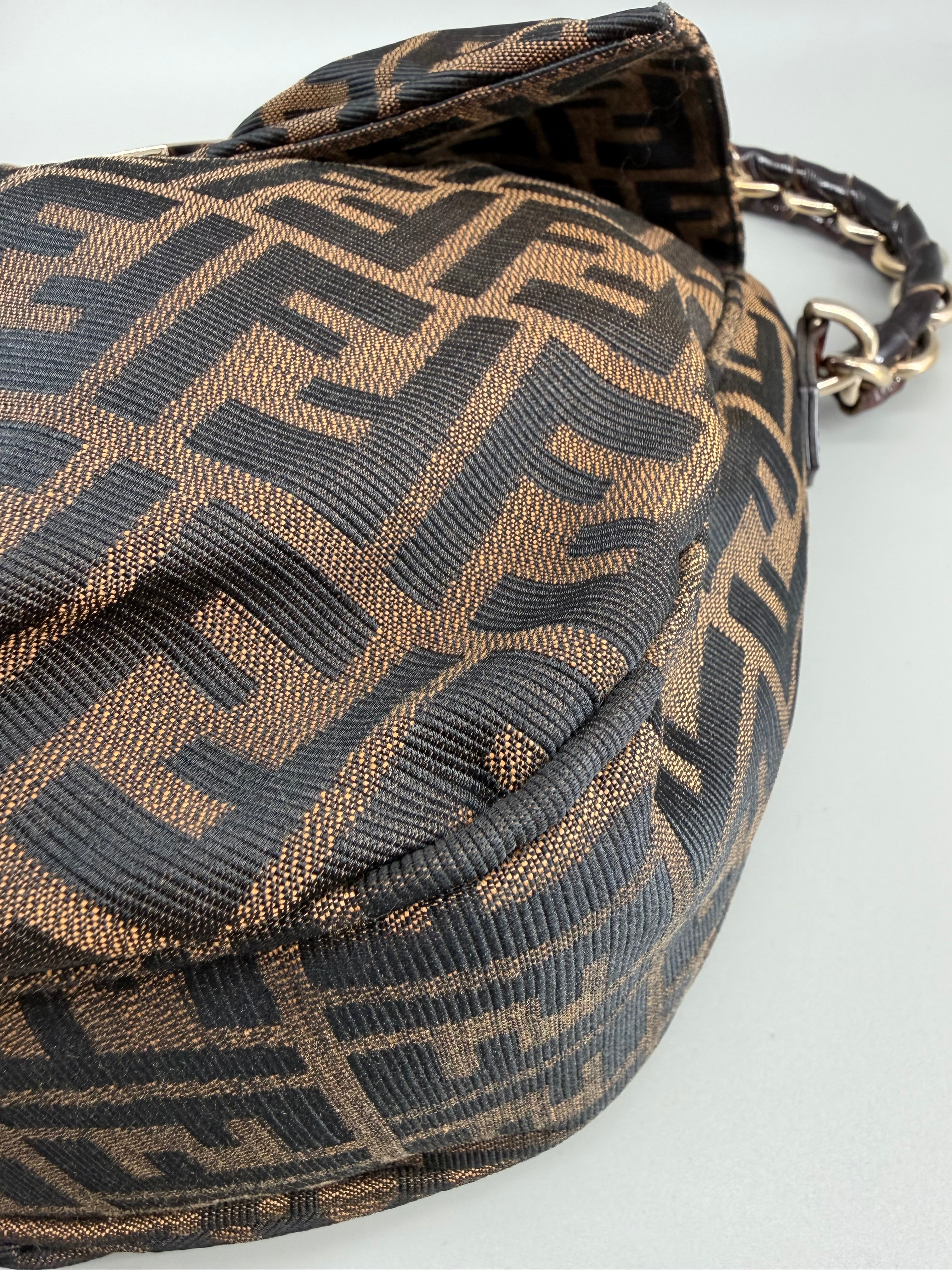 Fendi Mia Zucca Flap Shoulder Bag Tobacco FF Canvas with Oversized Logo Buckle & Dust Bag