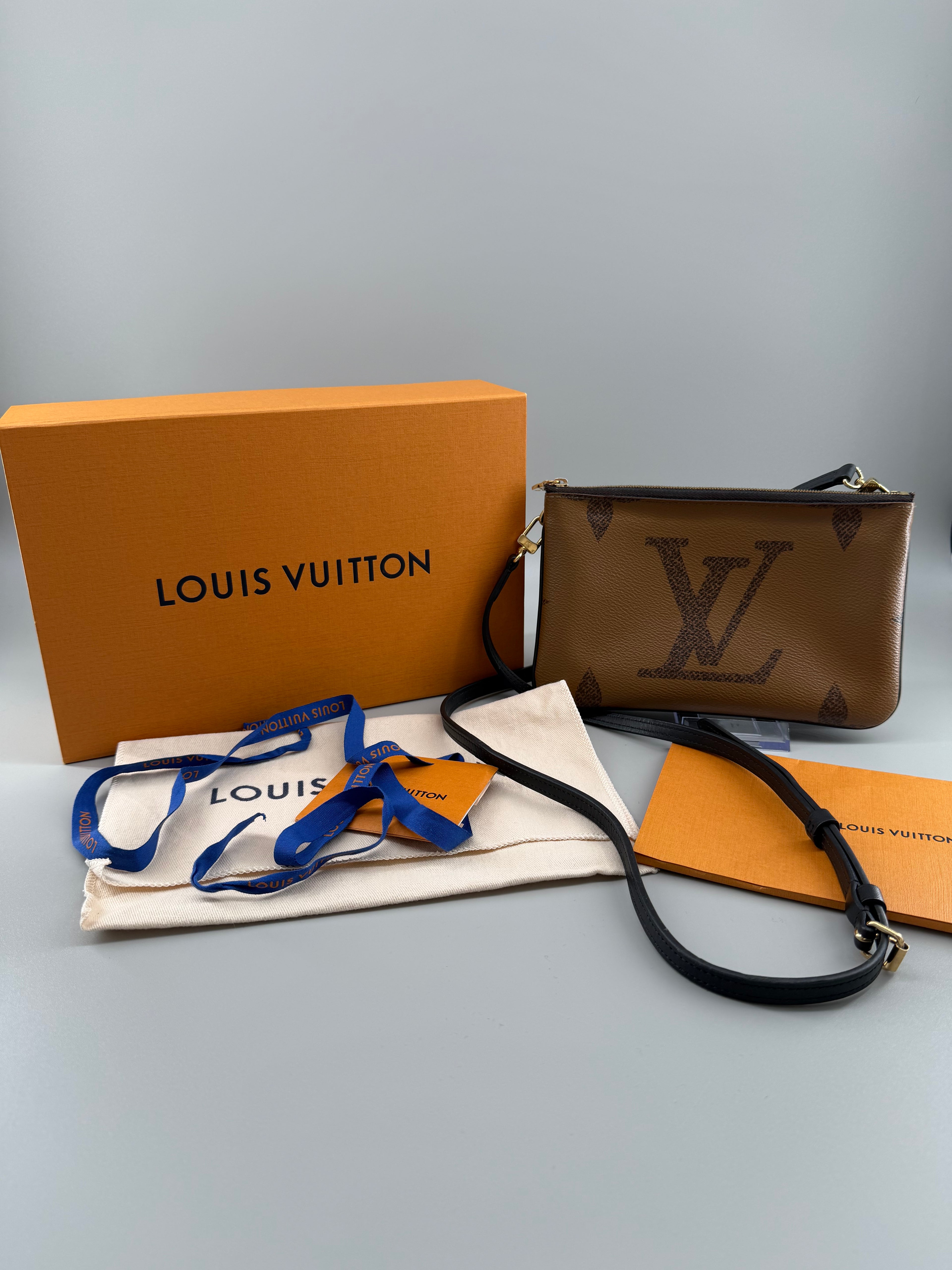 Louis Vuitton Double Zip Pochette Giant Monogram Reverse Canvas Crossbody Bag RFID Full Set w/ Receipt