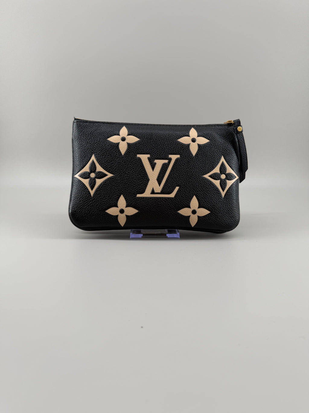 Louis Vuitton Double Zip Pochette Giant Monogram Empreinte Black Beige Crossbody Bag RFID Full Set w/ Receipt