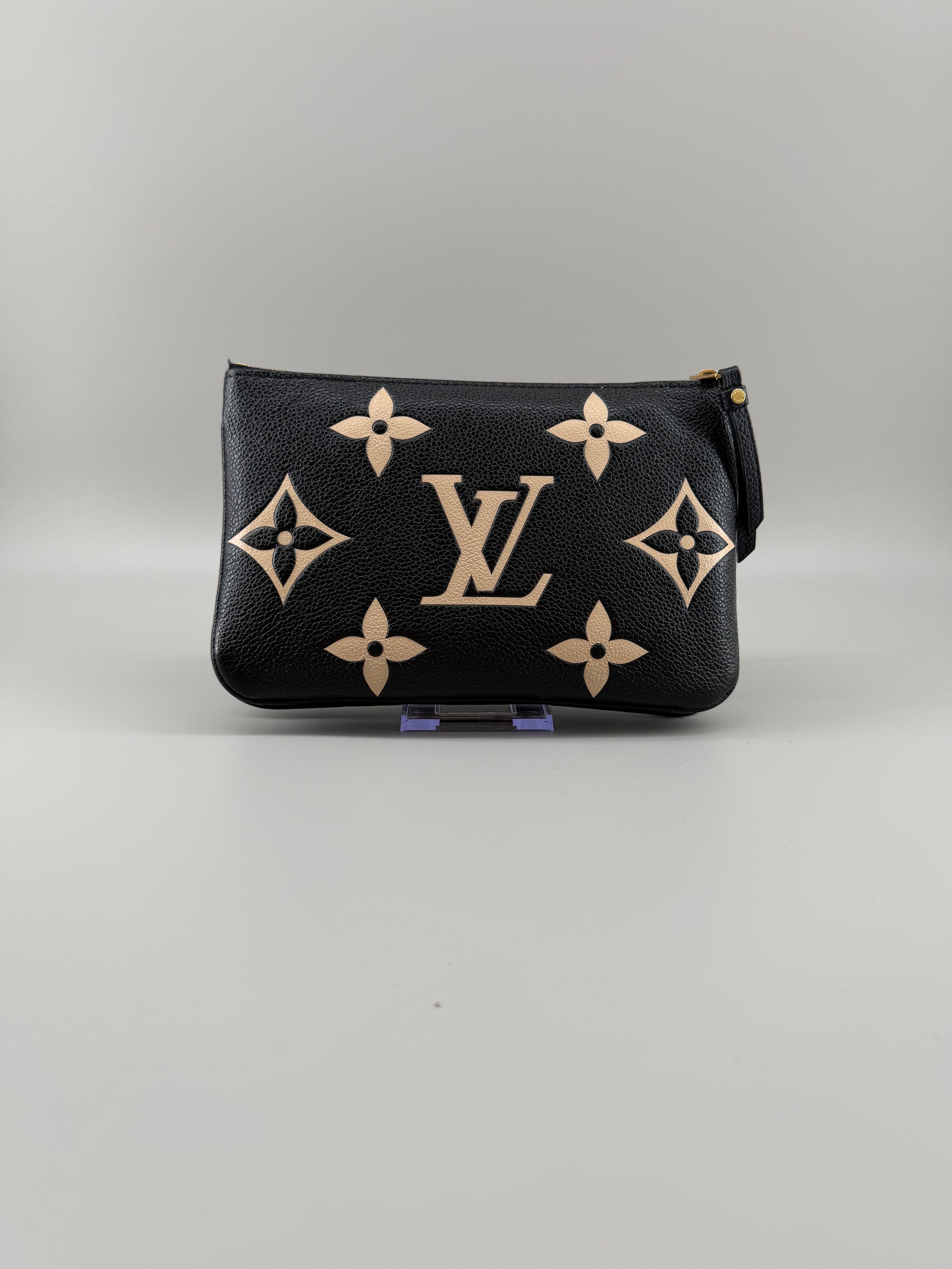 Louis Vuitton Double Zip Pochette Giant Monogram Empreinte Black Beige Crossbody Bag RFID Full Set w/ Receipt