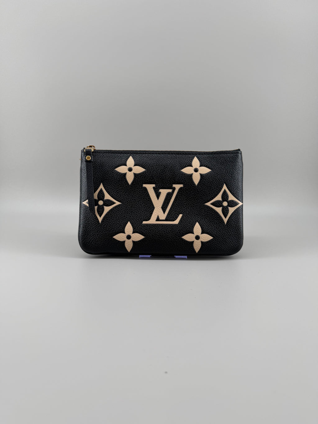 Louis Vuitton Double Zip Pochette Giant Monogram Empreinte Black Beige Crossbody Bag RFID Full Set w/ Receipt