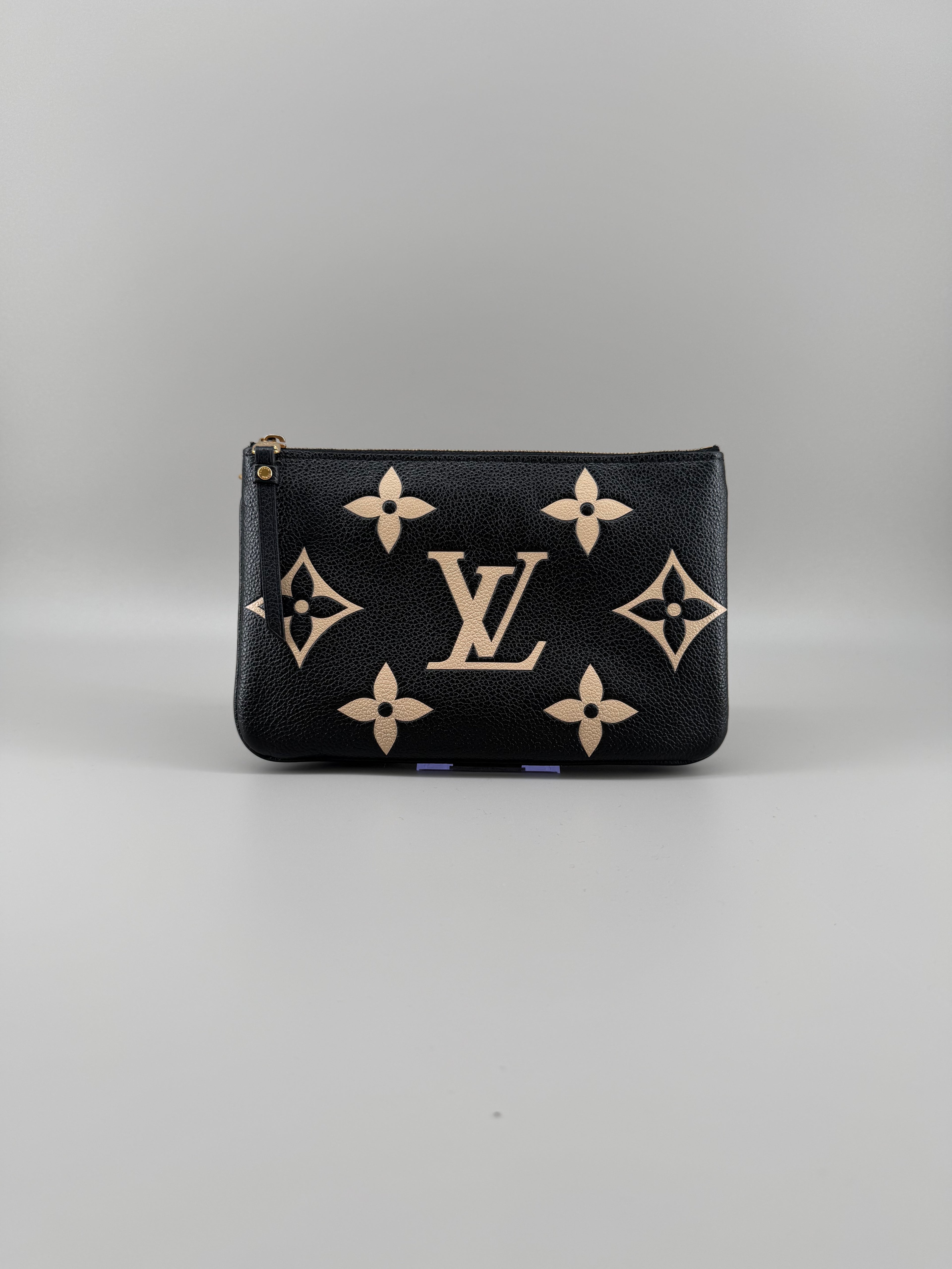 Louis Vuitton Double Zip Pochette Giant Monogram Empreinte Black Beige Crossbody Bag RFID Full Set w/ Receipt