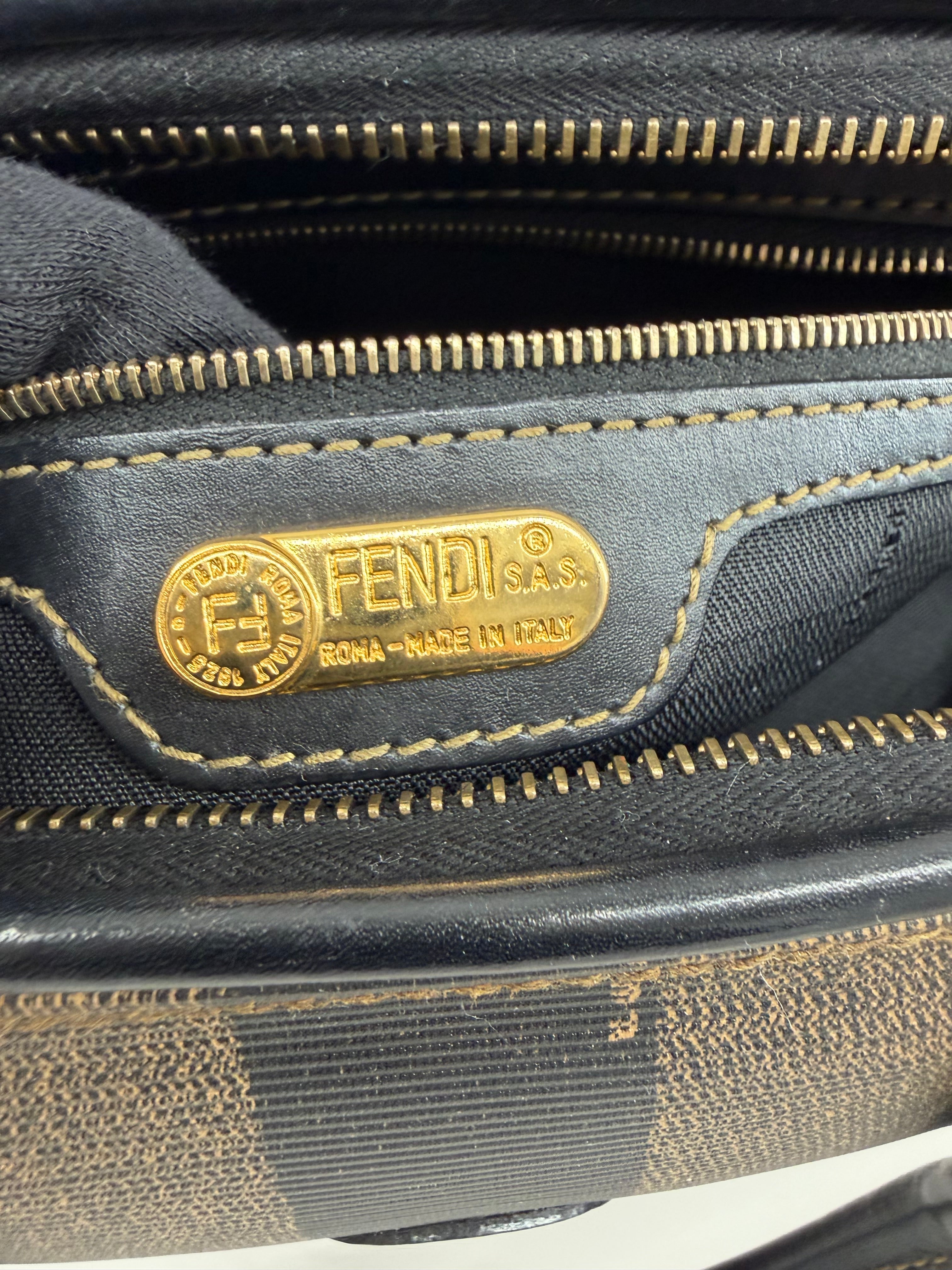Vintage Fendi Pequin Boston Bag – Black & Brown Striped Canvas with Leather Trim