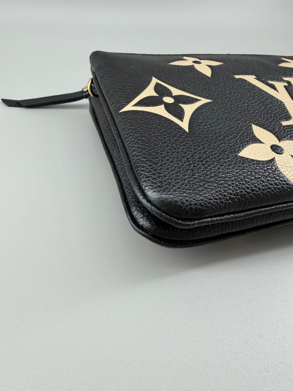 Louis Vuitton Double Zip Pochette Giant Monogram Empreinte Black Beige Crossbody Bag RFID Full Set w/ Receipt