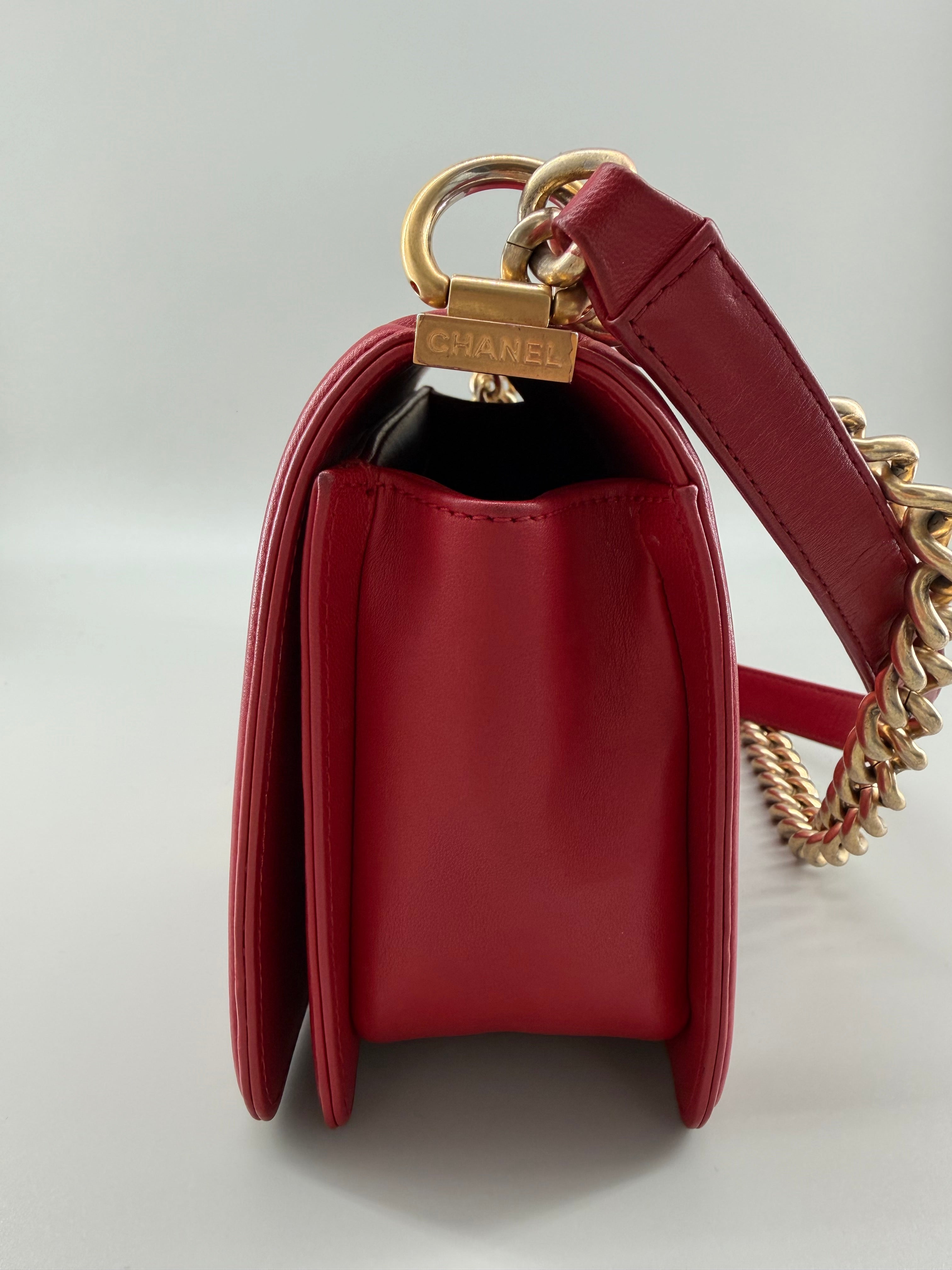 Chanel Boy Old Medium Flap Bag Red Quilted Lambskin Leather Aged Gold Hardware 2016-2017