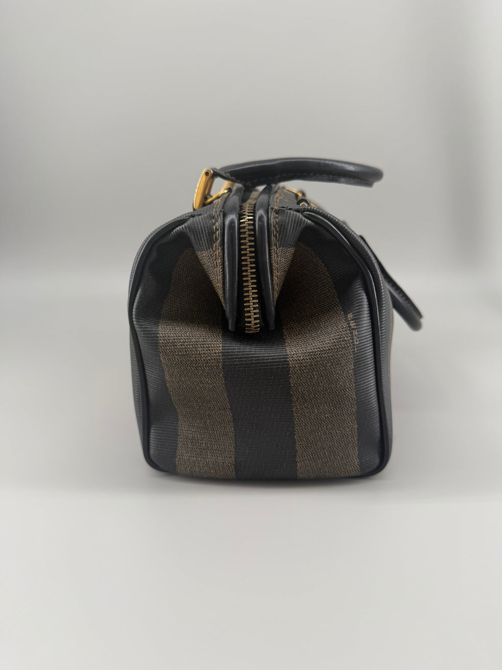 Vintage Fendi Pequin Boston Bag – Black & Brown Striped Canvas with Leather Trim