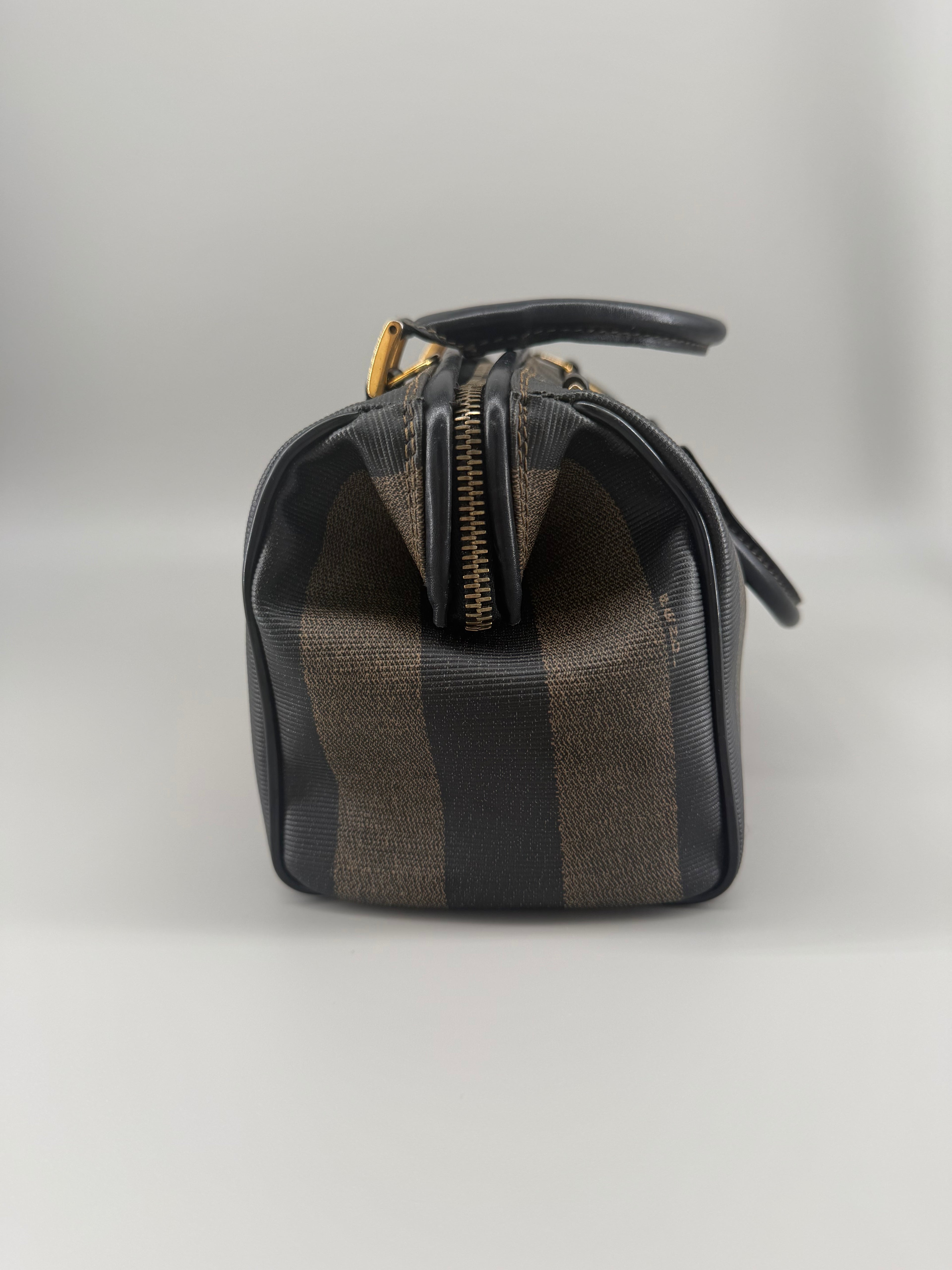 Vintage Fendi Pequin Boston Bag – Black & Brown Striped Canvas with Leather Trim