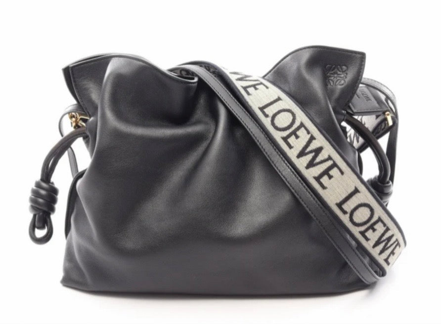 LOEWE Black Leather Flamenco Bag with 2 Way LOEWE Jacquard Strap and Leather