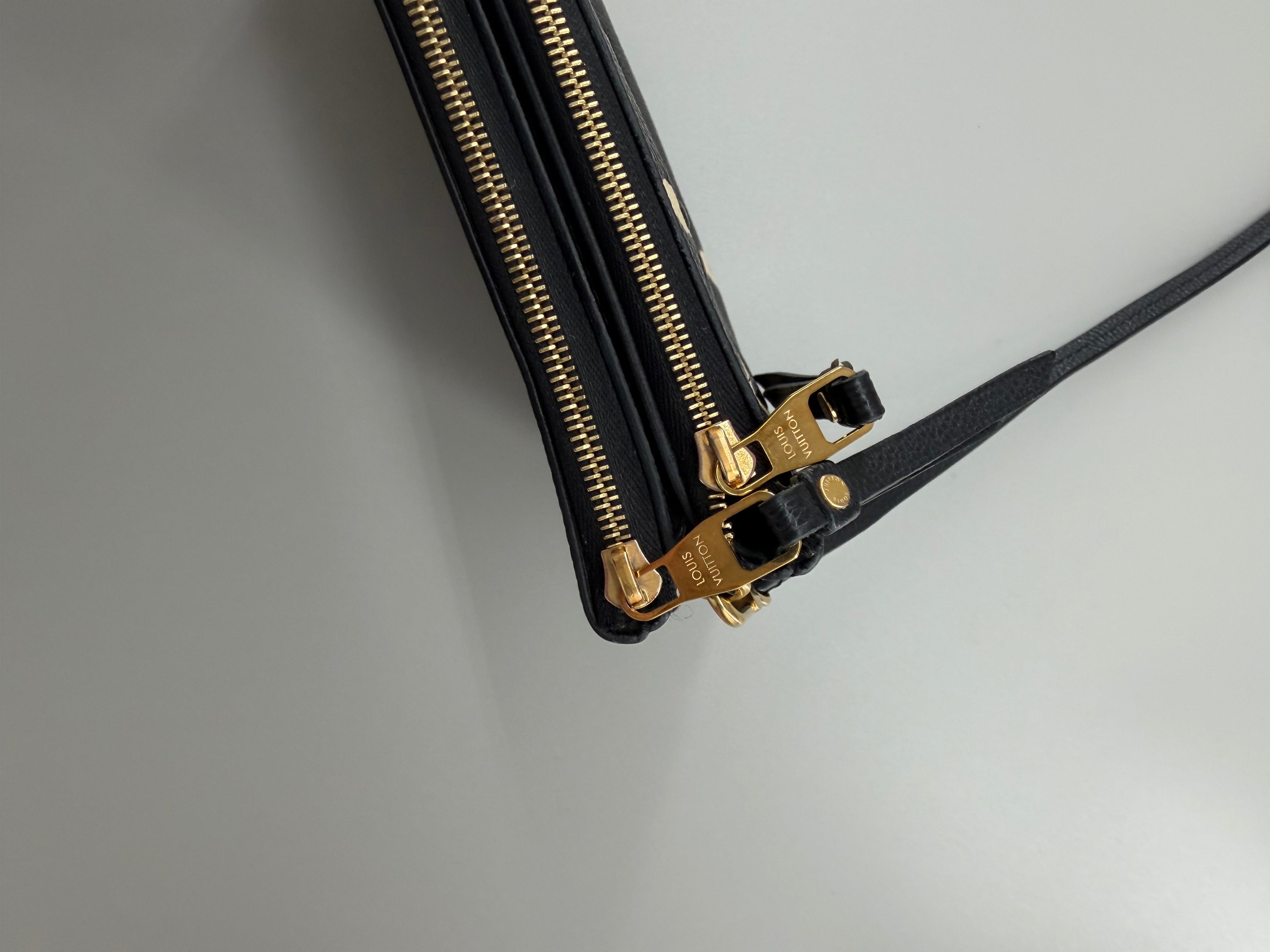 Louis Vuitton Double Zip Pochette Giant Monogram Empreinte Black Beige Crossbody Bag RFID Full Set w/ Receipt