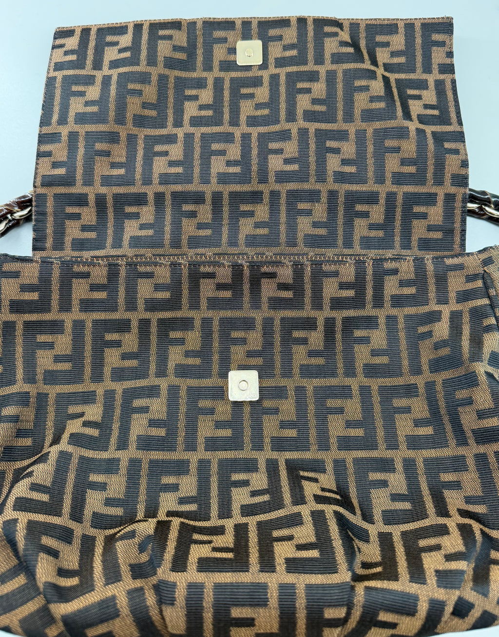 Fendi Mia Zucca Flap Shoulder Bag Tobacco FF Canvas with Oversized Logo Buckle & Dust Bag