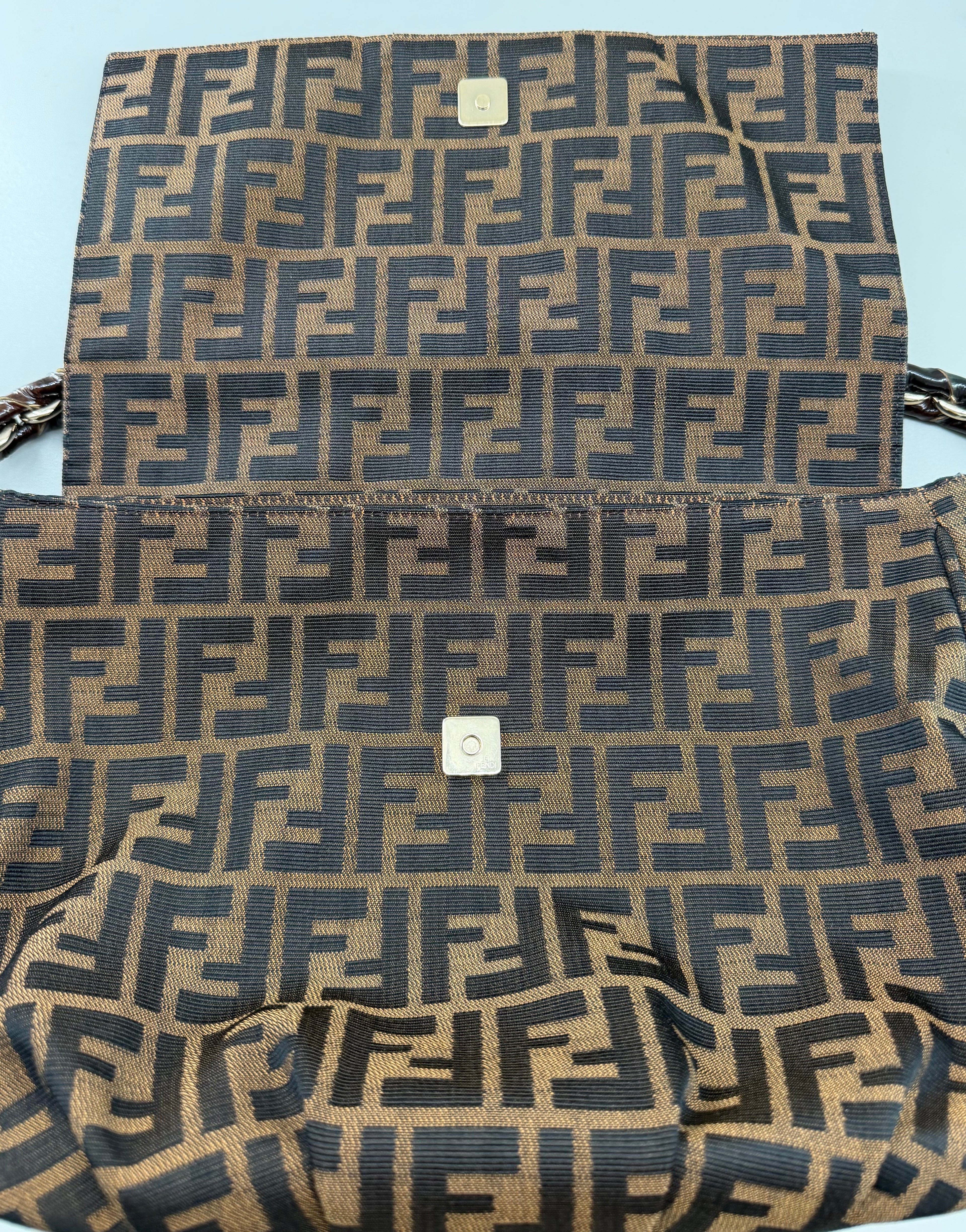 Fendi Mia Zucca Flap Shoulder Bag Tobacco FF Canvas with Oversized Logo Buckle & Dust Bag