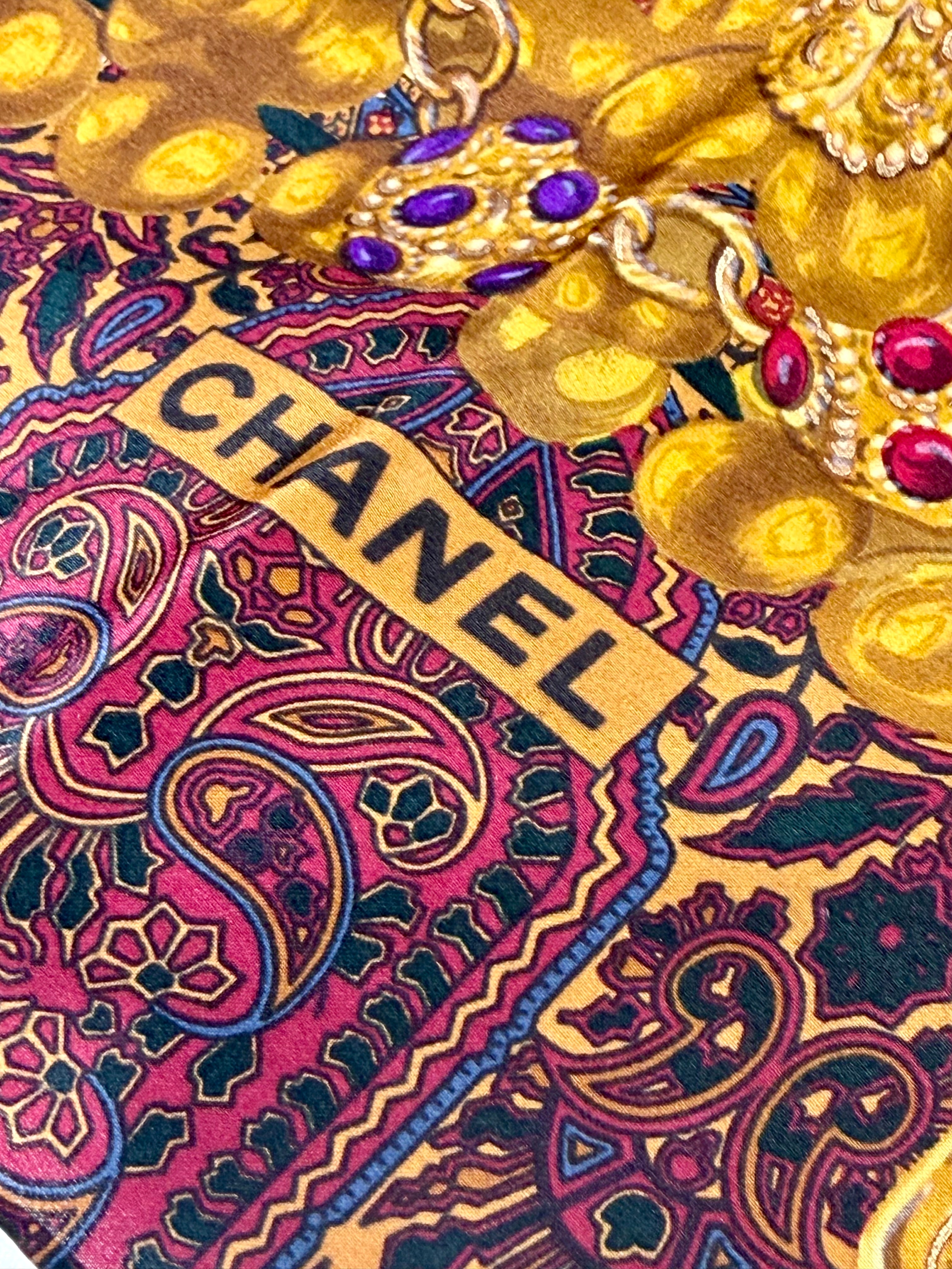 Vintage Chanel Paisley & Gripoix-Inspired Jewelry Print Silk Scarf