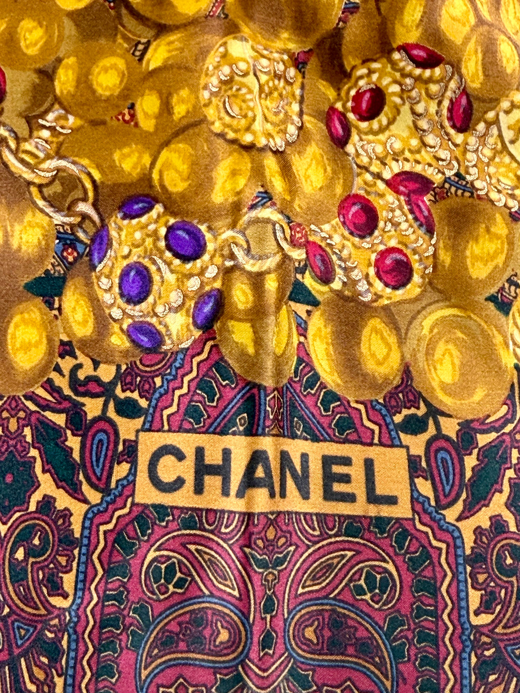 Vintage Chanel Paisley & Gripoix-Inspired Jewelry Print Silk Scarf