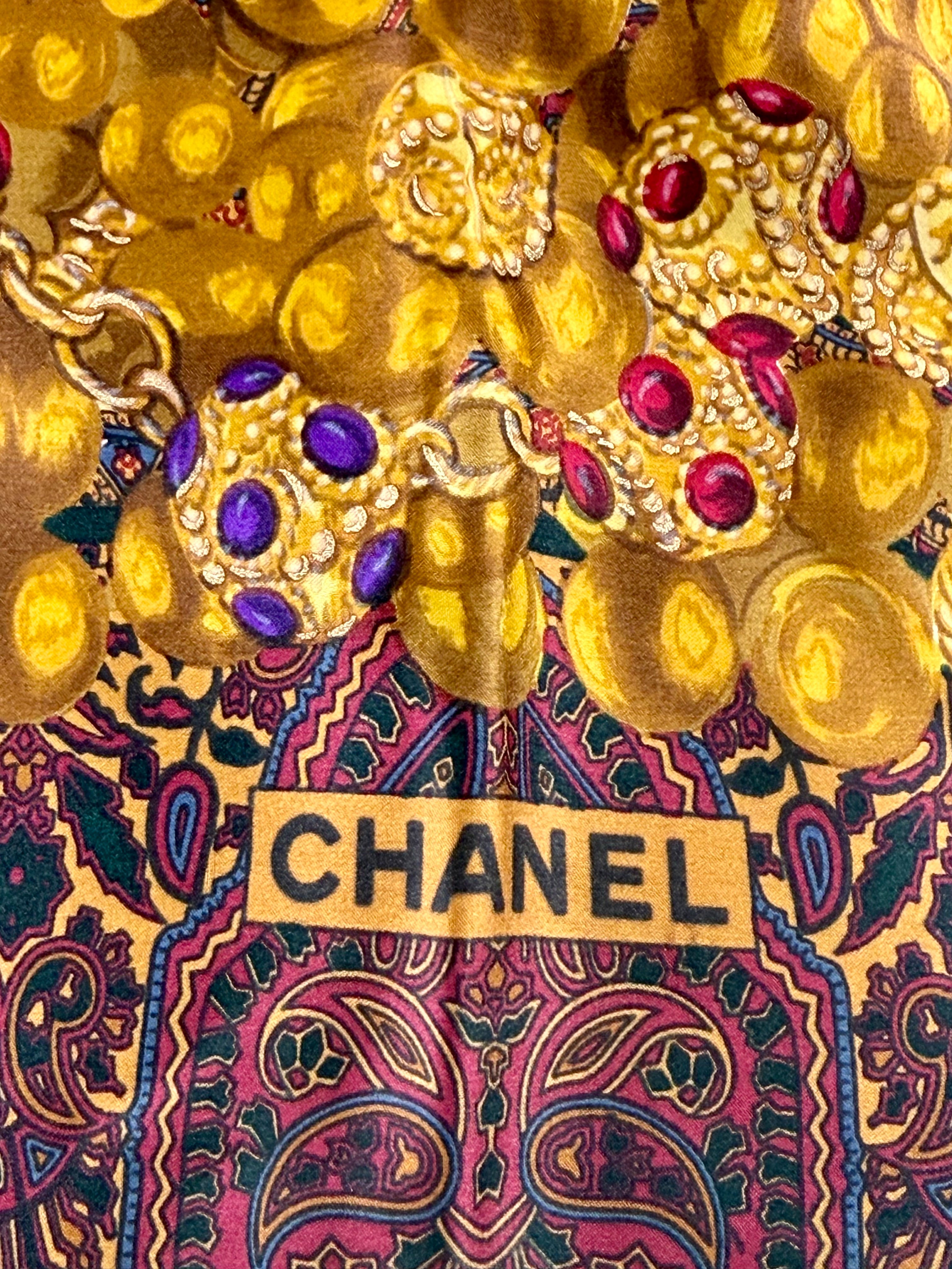 Vintage Chanel Paisley & Gripoix-Inspired Jewelry Print Silk Scarf