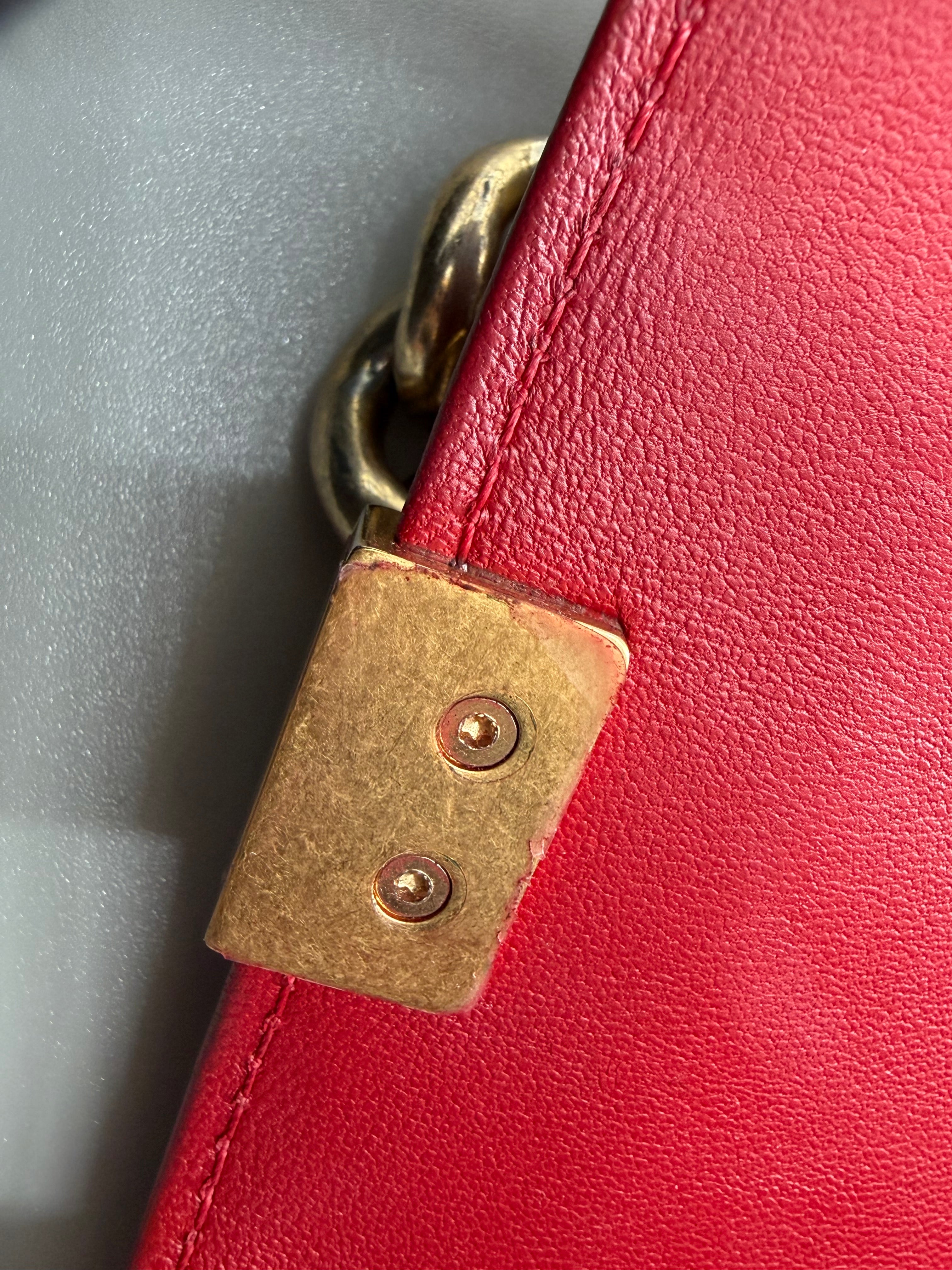 Chanel Boy Old Medium Flap Bag Red Quilted Lambskin Leather Aged Gold Hardware 2016-2017